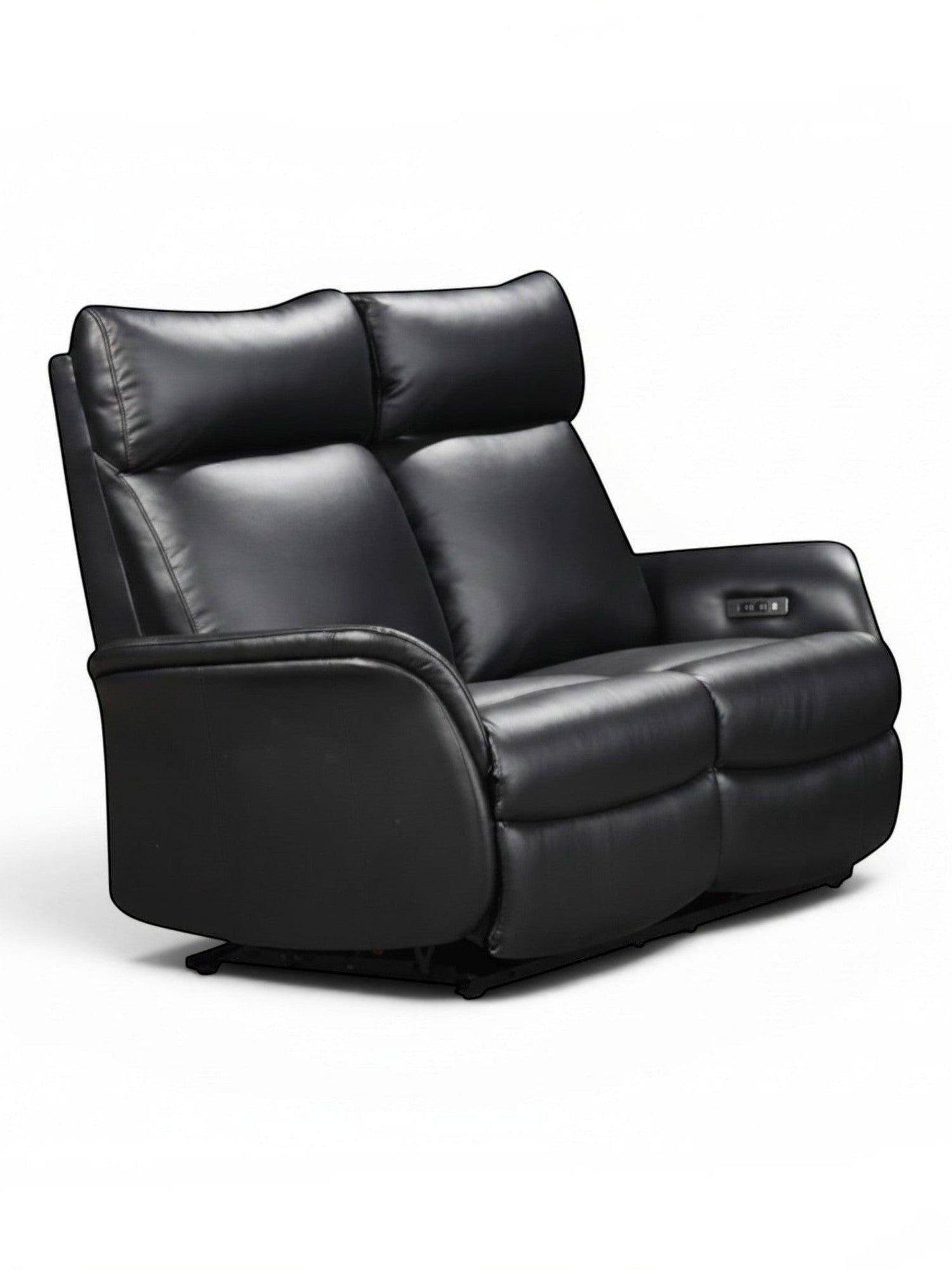 Causeuse inclinable électrique Eva en cuir noir de TOCO Meubles avec appuie-têtes confortables et design moderne.