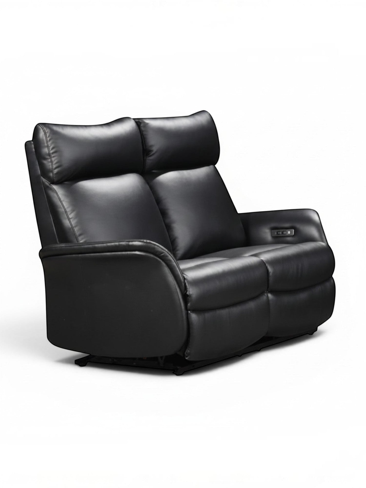 Causeuse inclinable électrique Eva en cuir noir de TOCO Meubles avec appuie-têtes confortables et design moderne.