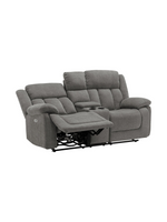 Causeuse inclinable TOCO Meubles Ricardo en tissu gris avec console centrale, porte-gobelets et ports USB intégrés