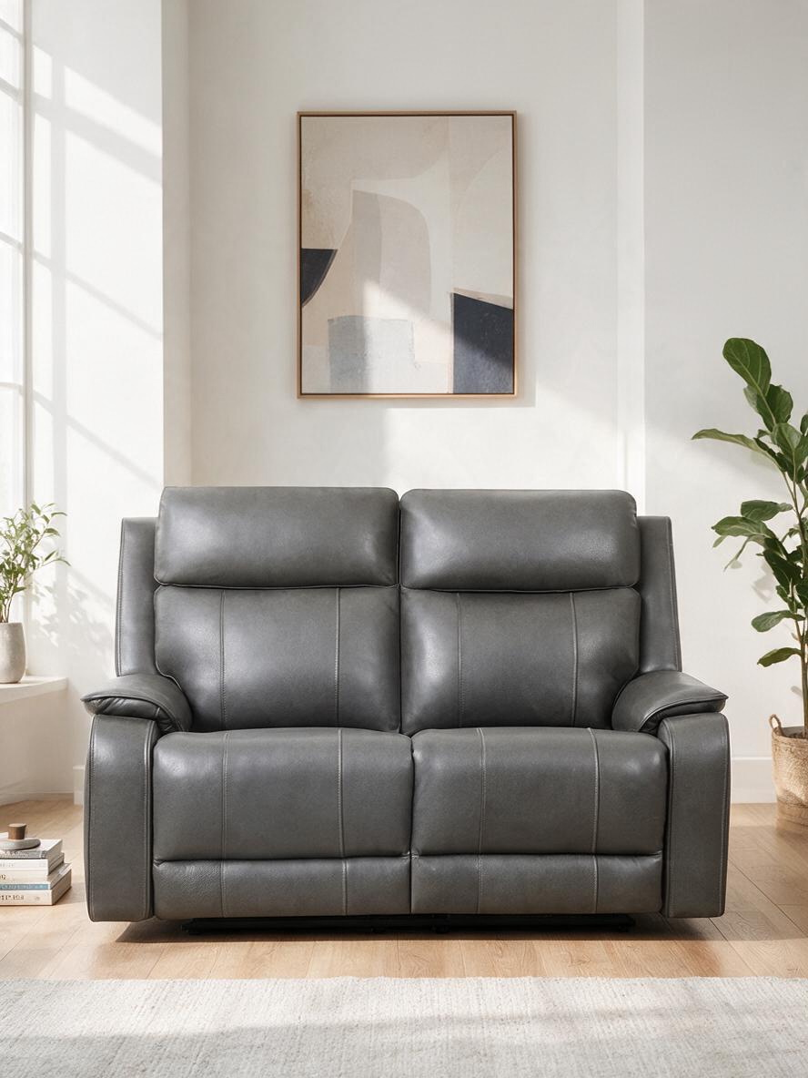 Causeuse inclinable électrique TOCO Meubles Lewis en cuir gris foncé avec dossiers hauts et accoudoirs rembourrés