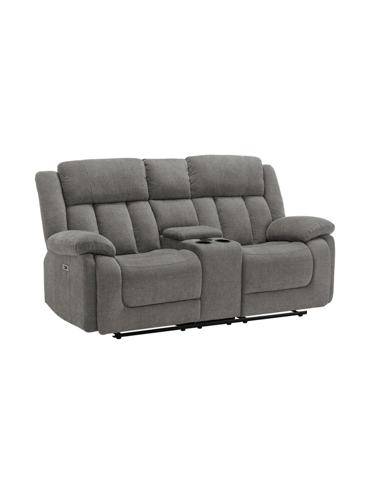 Causeuse inclinable électrique Ricardo de TOCO Meubles en tissu gris avec console centrale et porte-gobelets