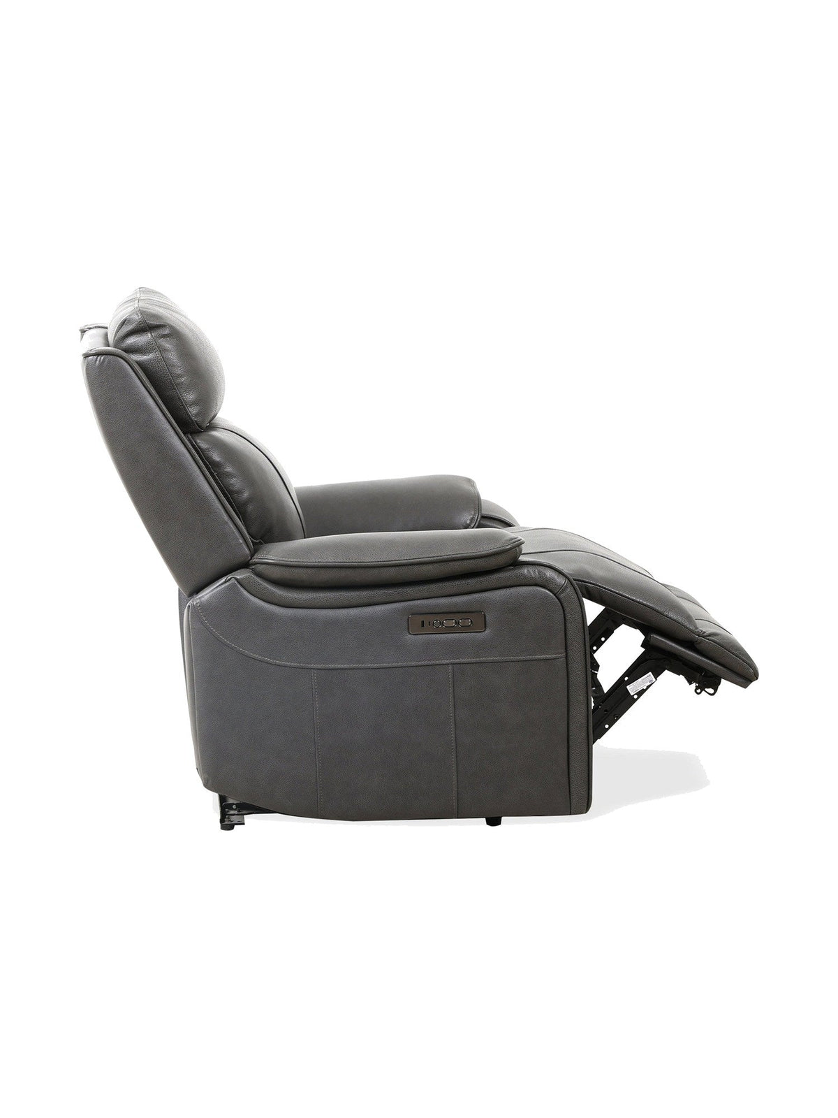 Causeuse inclinable électrique Lewis de TOCO Meubles en cuir gris foncé avec ports USB et repose-pieds déployé