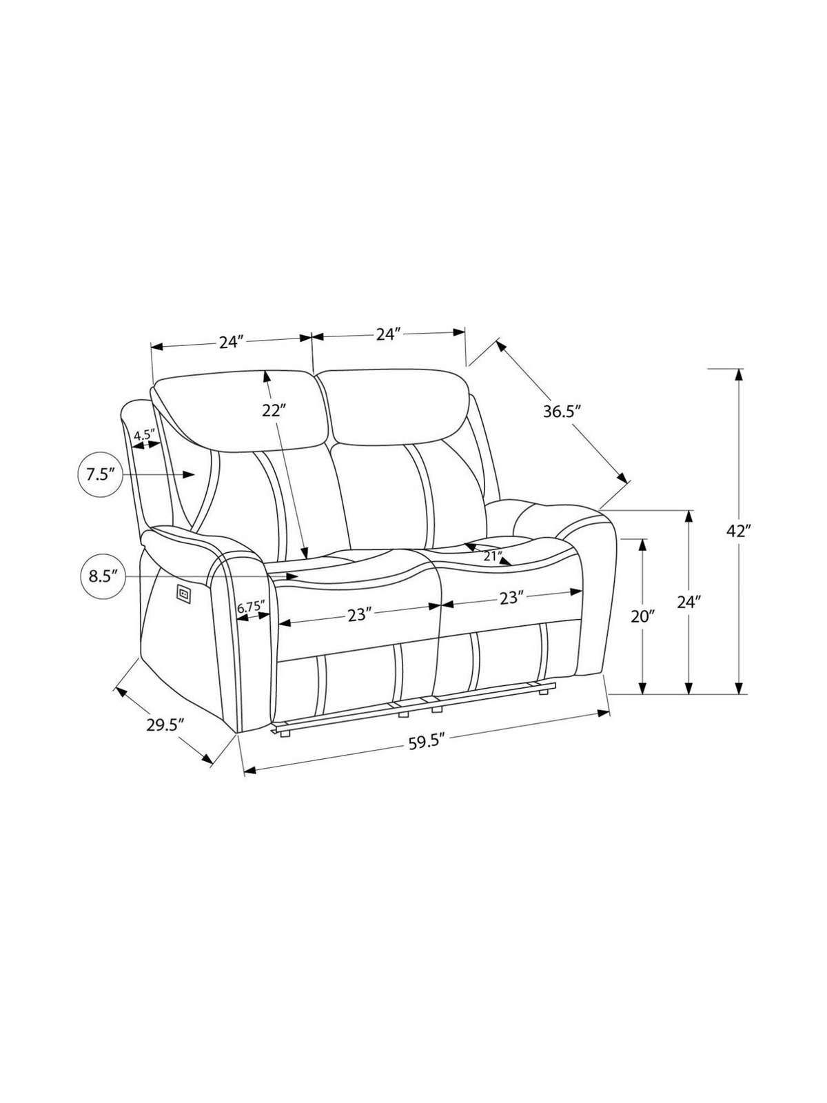 Schéma technique des dimensions de la causeuse inclinable Jackson par TOCO Meubles avec mesures détaillées