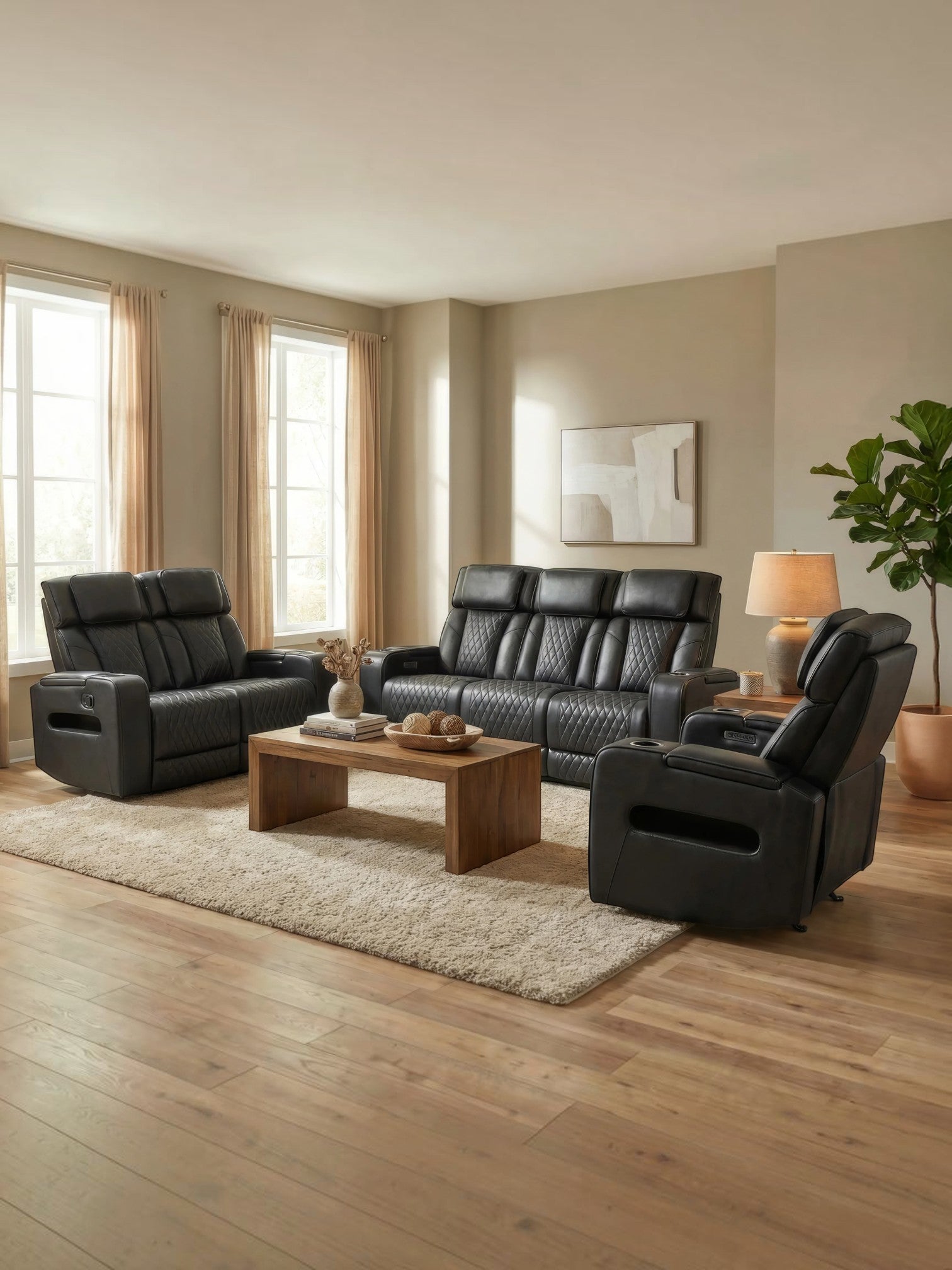 Causeuse inclinable Warren de TOCO Meubles en cuir noir avec détails matelassés dans un salon moderne et élégant.