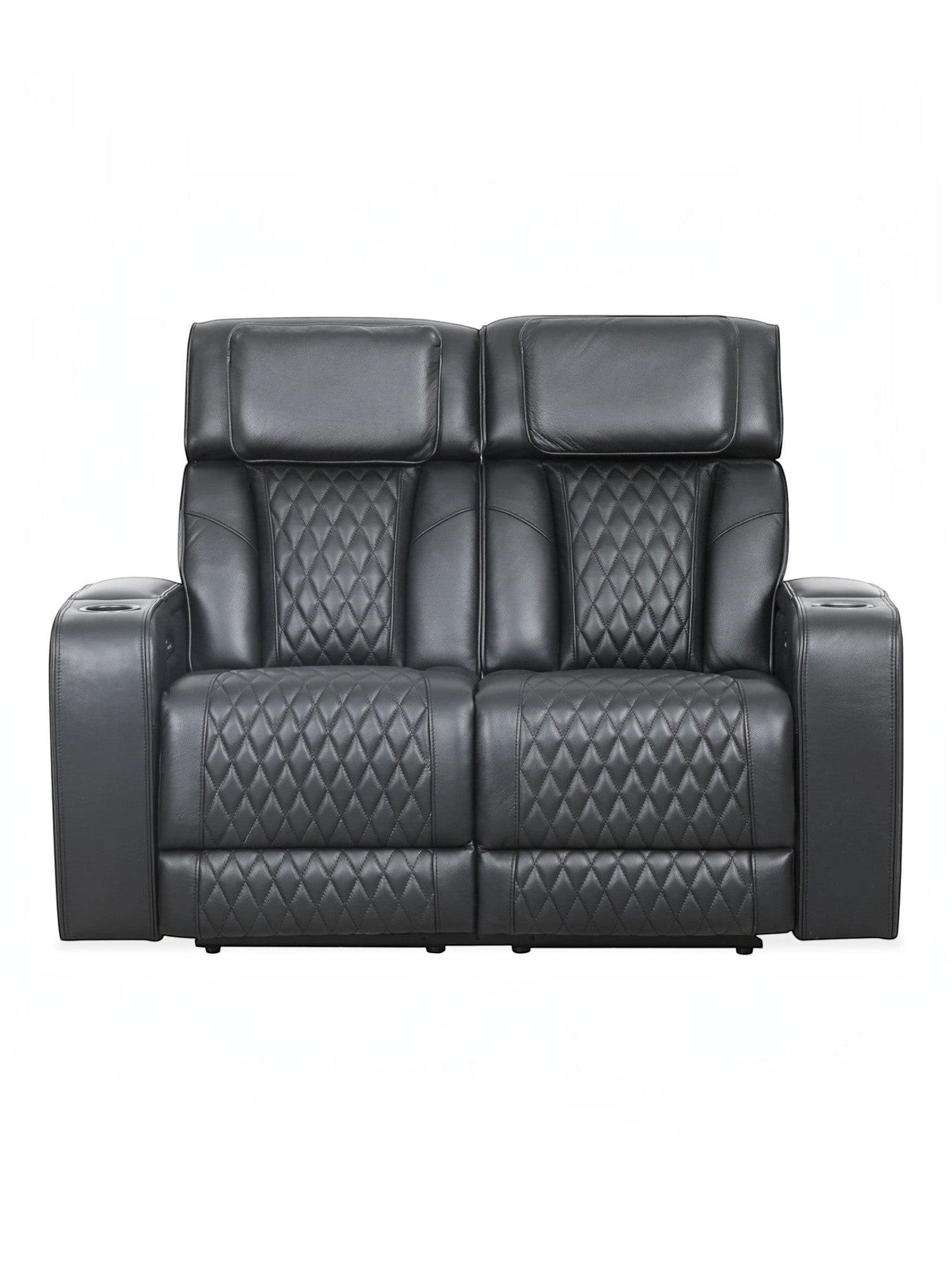 Causeuse inclinable noire Warren de TOCO Meubles avec détails matelassés en losange et porte-gobelets intégrés.