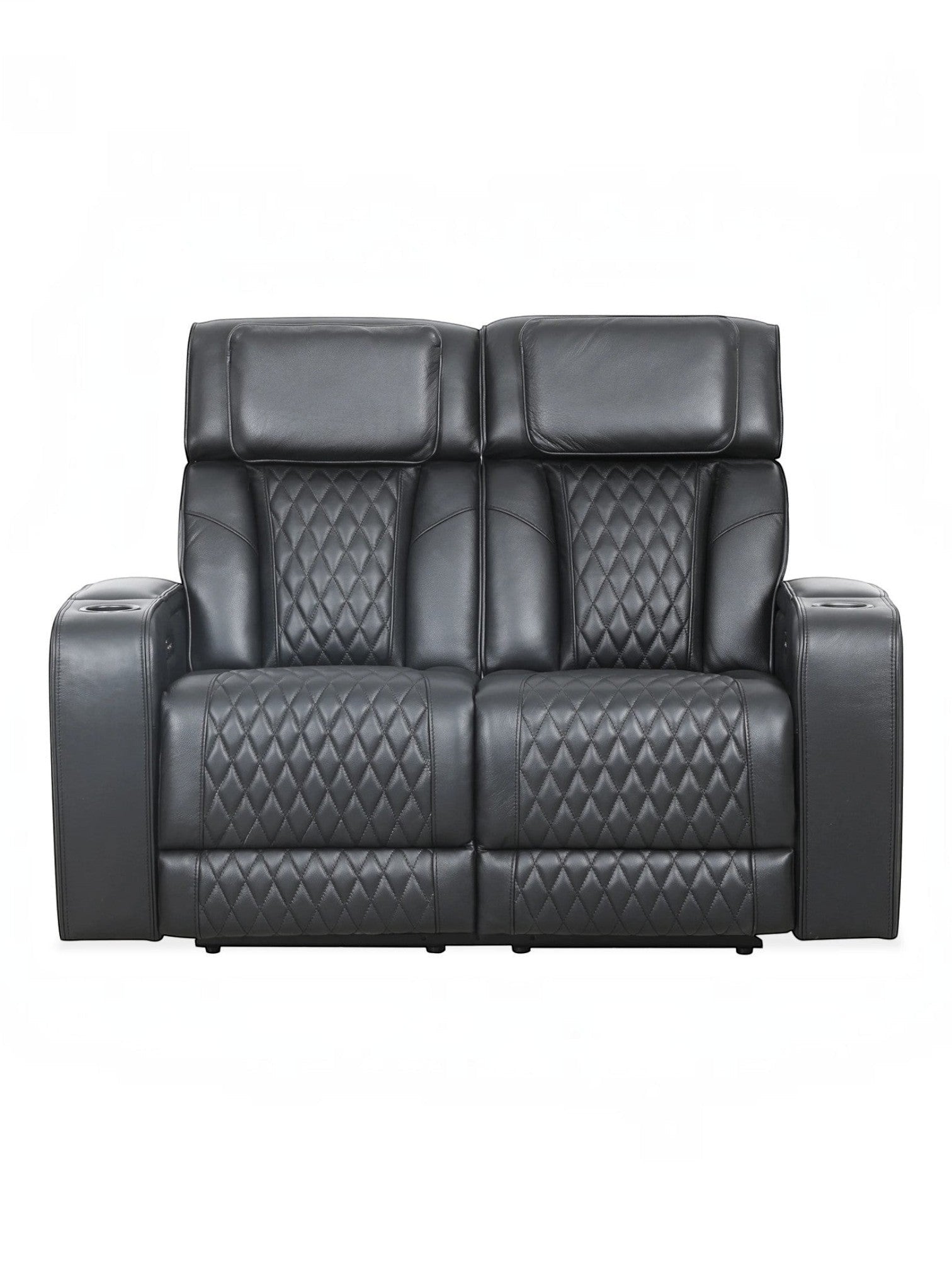 Causeuse inclinable noire Warren de TOCO Meubles avec détails matelassés en losange et porte-gobelets intégrés.