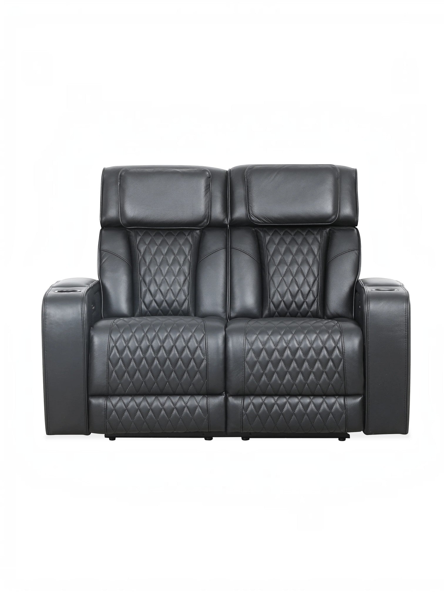 Causeuse inclinable noire Warren de TOCO Meubles avec détails matelassés en losange et porte-gobelets intégrés.