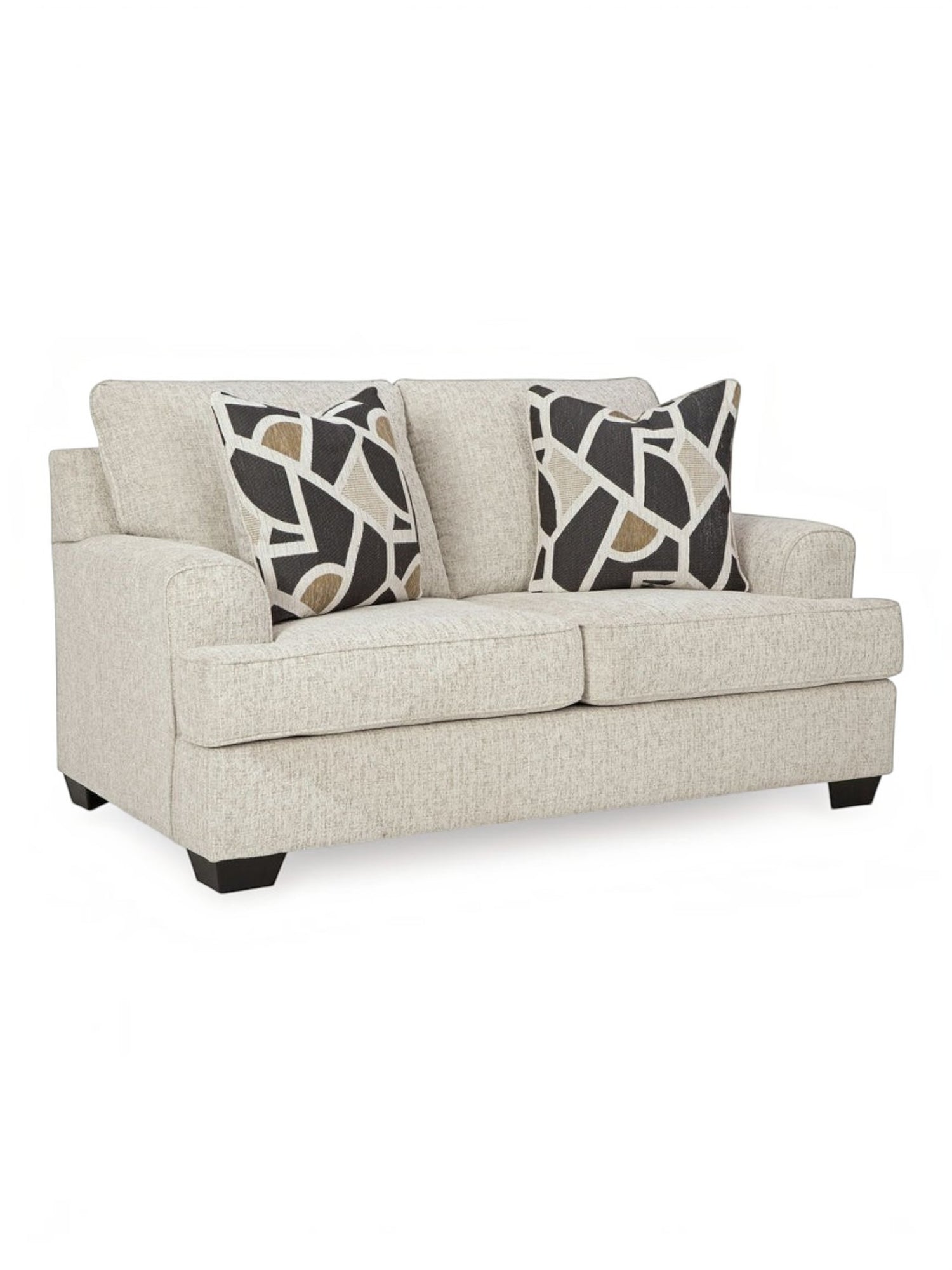 Causeuse Moka TOCO Meubles en tissu texturé couleur quartz avec deux coussins décoratifs à motifs géométriques