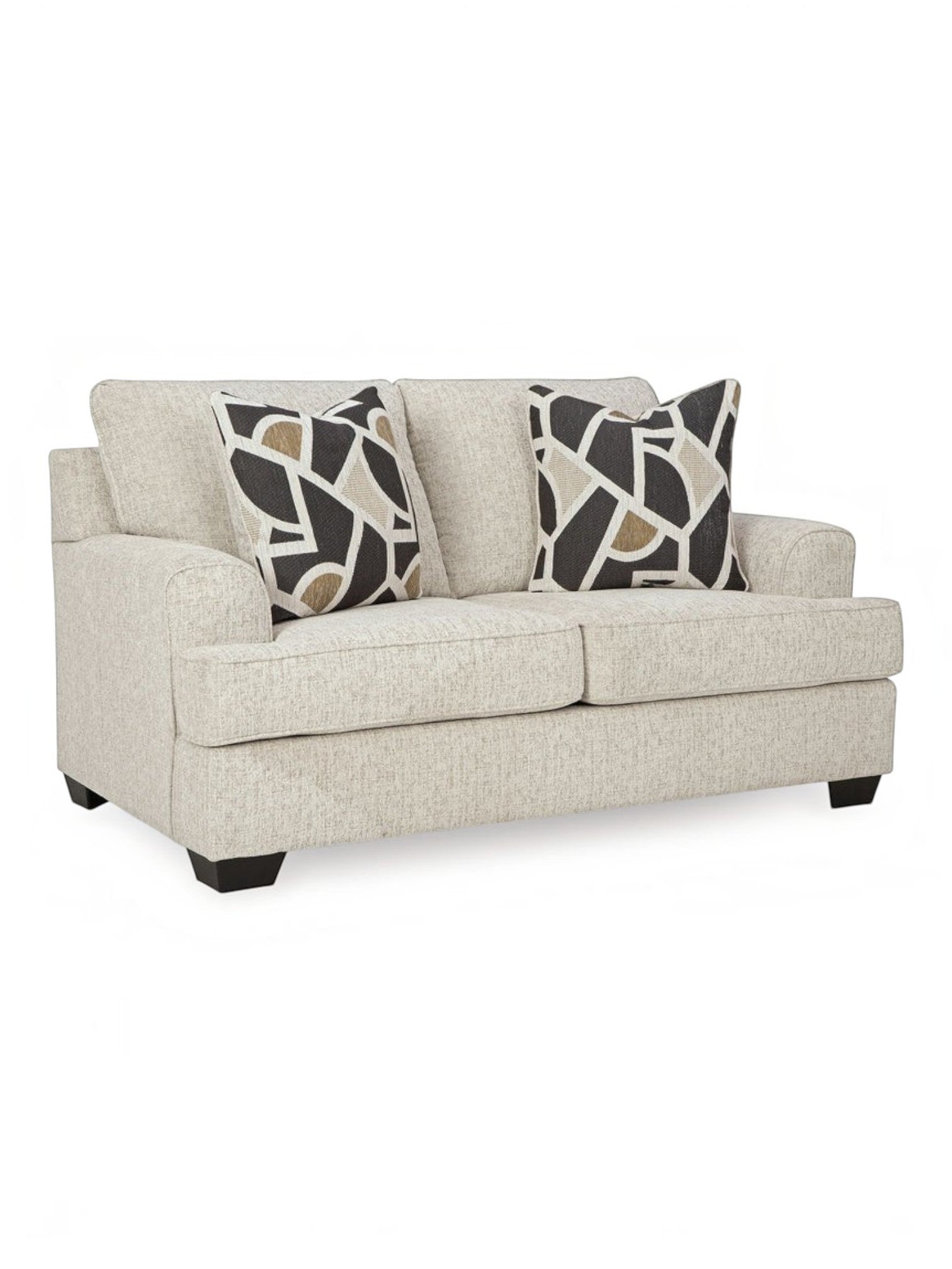 Causeuse Moka TOCO Meubles en tissu texturé couleur quartz avec deux coussins décoratifs à motifs géométriques