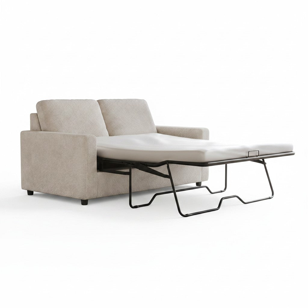 TOCO Meubles Causeuse Nuru beige en tissu, 2 places, convertible en lit avec matelas blanc.