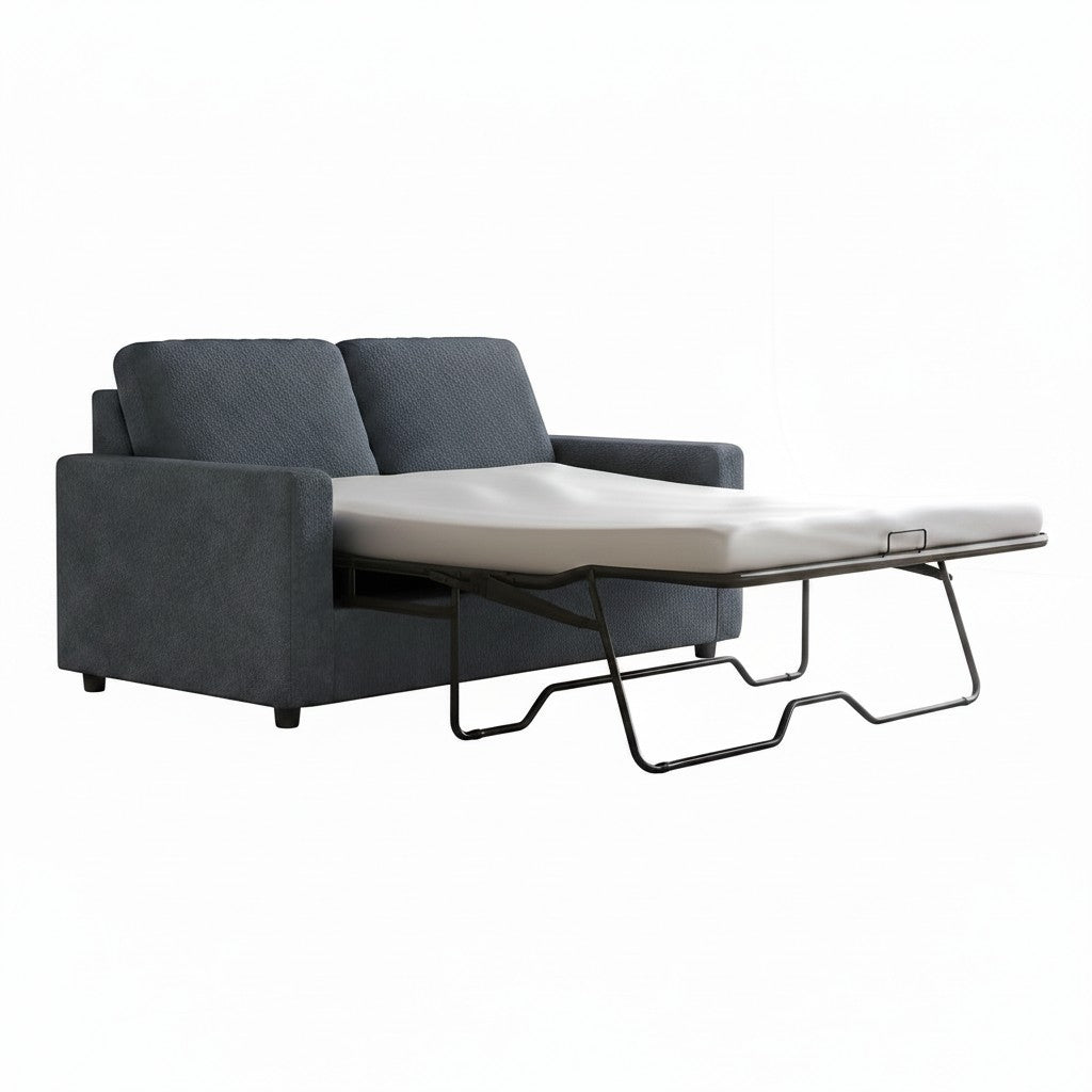 TOCO Meubles Causeuse Nuru gris foncé convertible en lit, tissu texturé, matelas blanc déplié.