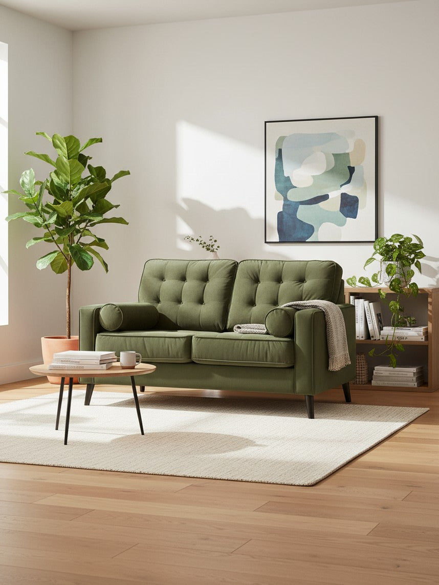 Causeuse TOCO Meubles Revo en tissu vert olive avec dossier capitonné dans un salon moderne et lumineux