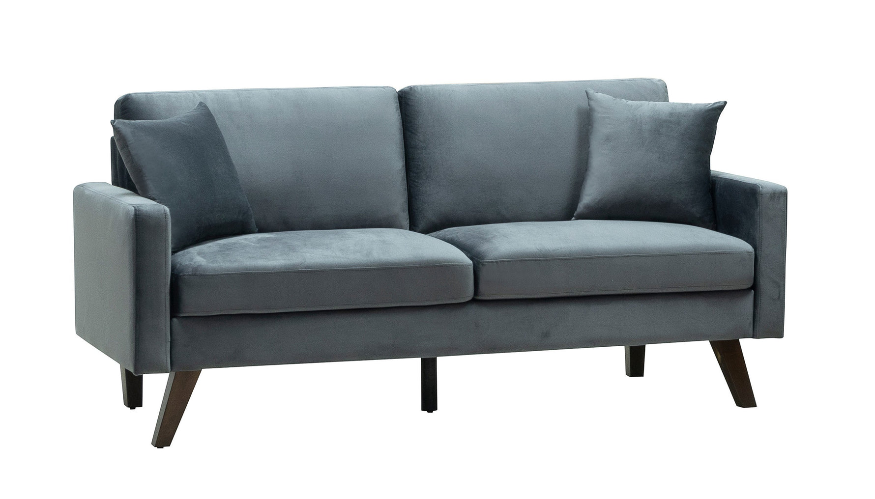 Causeuse Royal en velours gris anthracite de TOCO Meubles, avec 2 coussins décoratifs et pieds en bois.