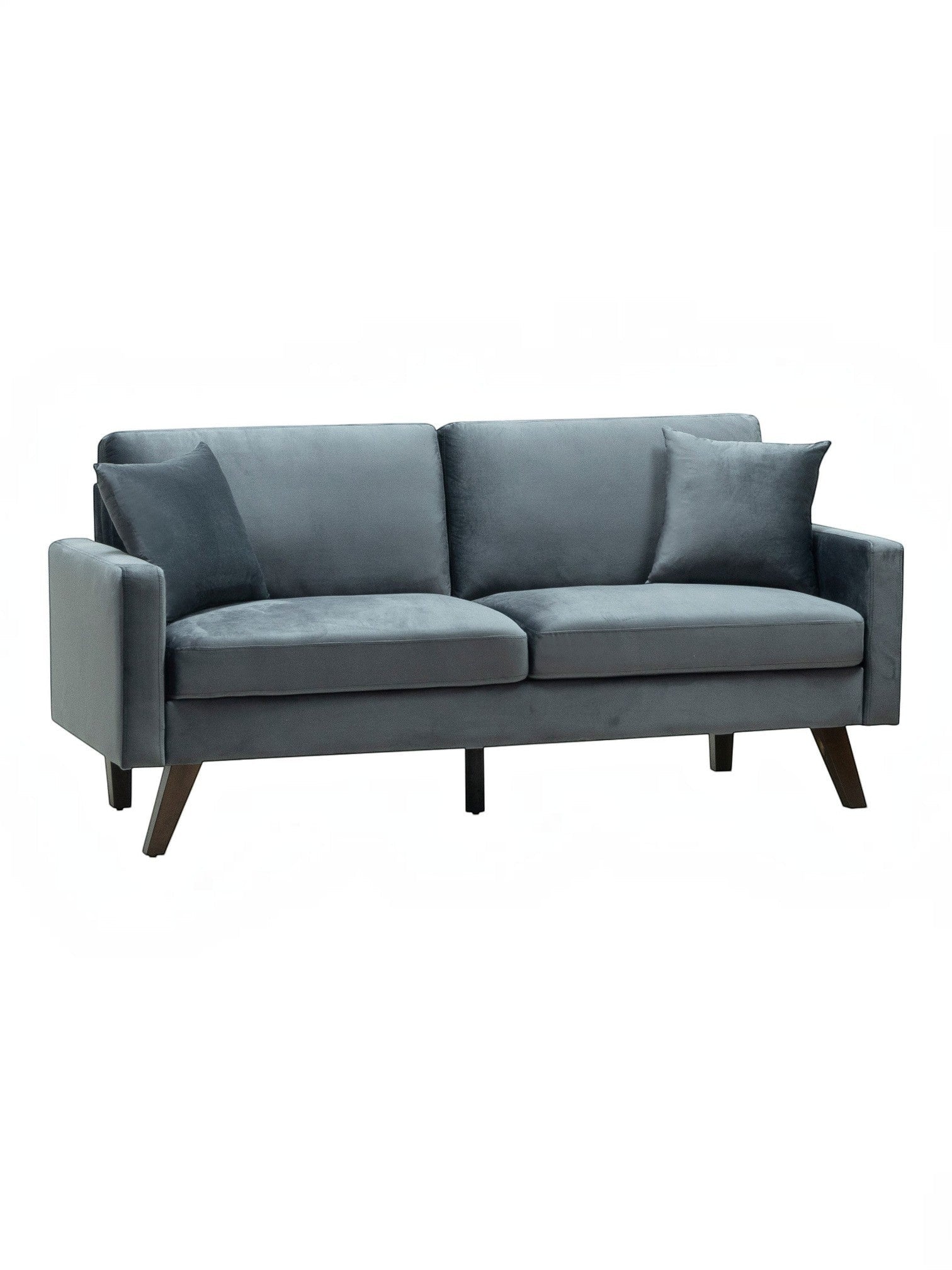 Causeuse Royal en velours gris anthracite de TOCO Meubles, avec 2 coussins décoratifs et pieds en bois.