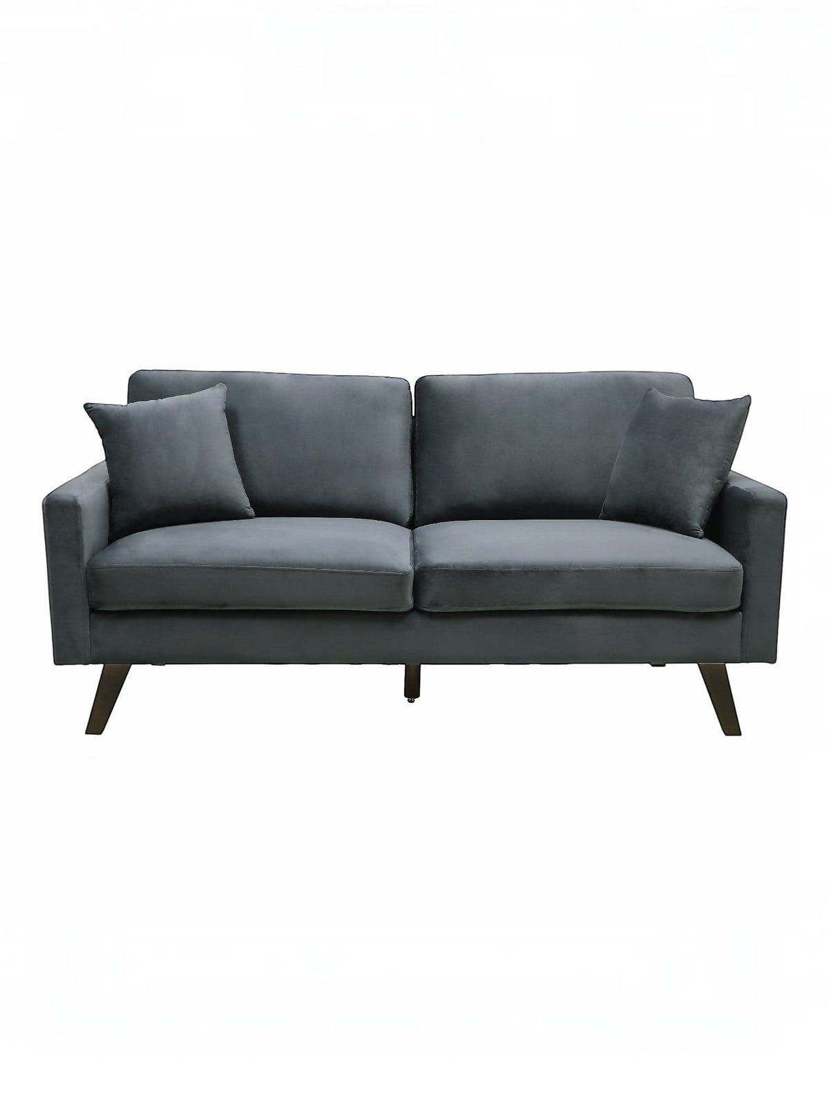 Causeuse Royal grise en velours de TOCO Meubles, avec deux coussins décoratifs et pieds obliques en bois.