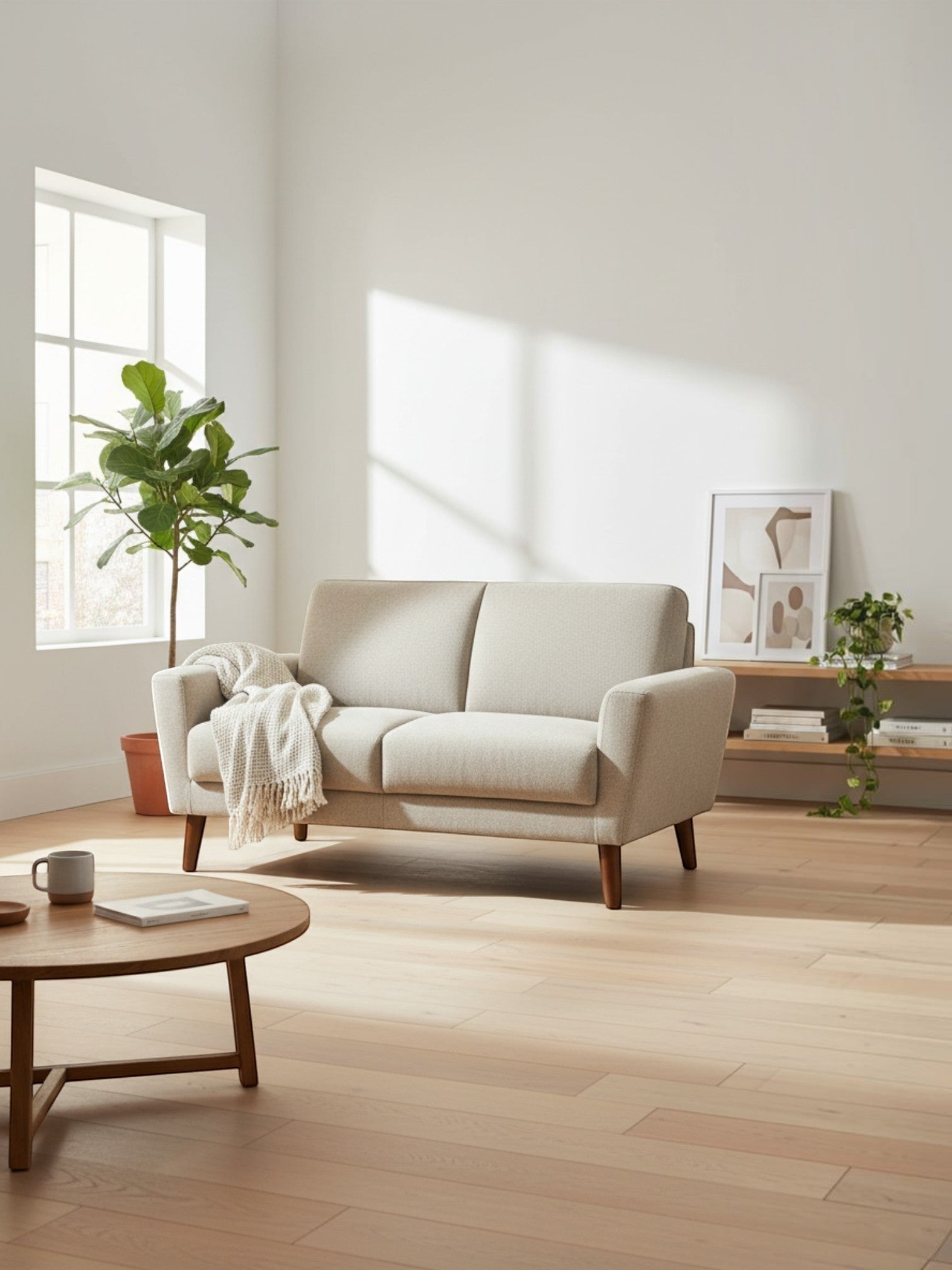 Causeuse Tano de TOCO Meubles en tissu beige clair avec pieds en bois dans un salon lumineux au style scandinave