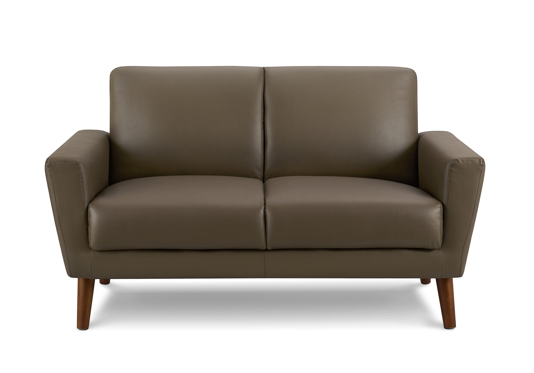 Causeuse Tano en cuir marron de TOCO Meubles, design moderne avec pieds en bois obliques.