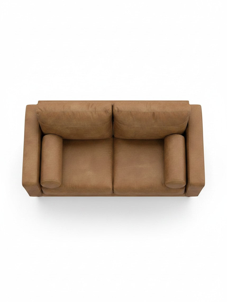 Causeuse Telora TOCO Meubles en cuir caramel vue de dessus avec deux coussins d'assise et accoudoirs cylindriques