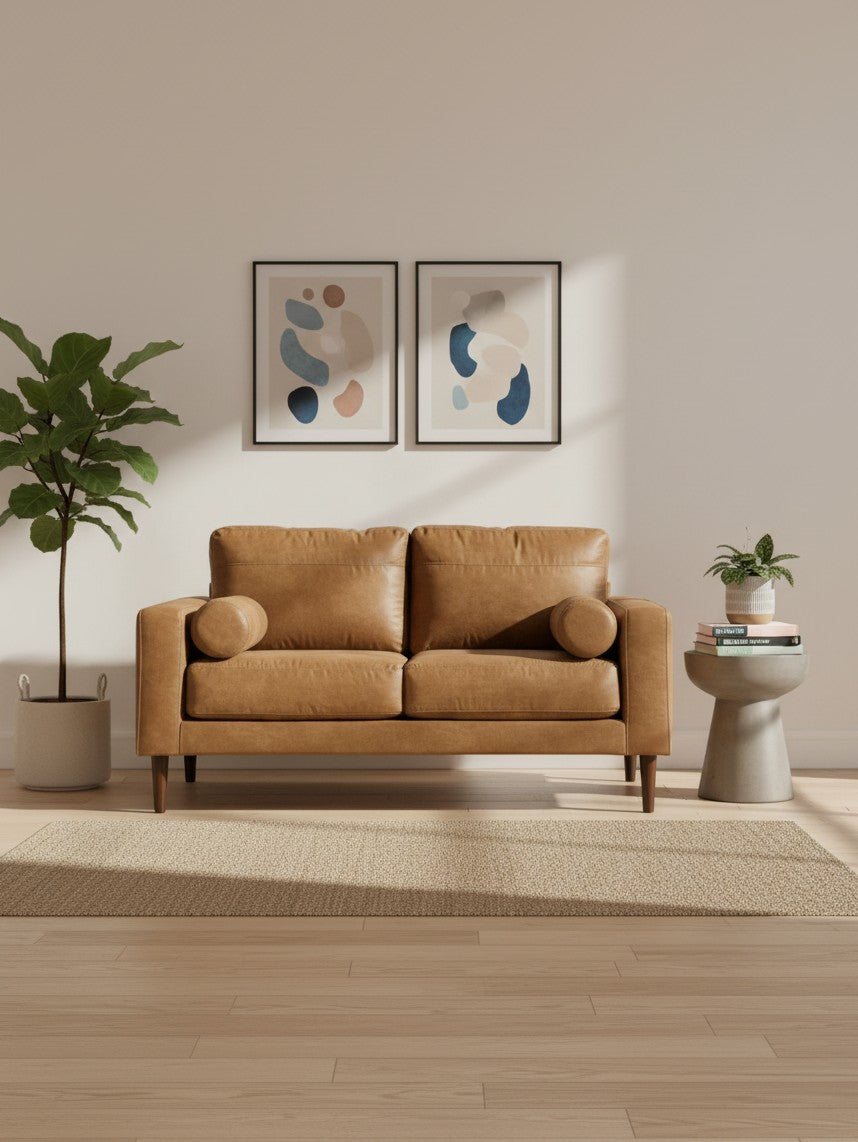 Causeuse Telora TOCO Meubles en cuir caramel avec coussins cylindriques dans un salon moderne et lumineux