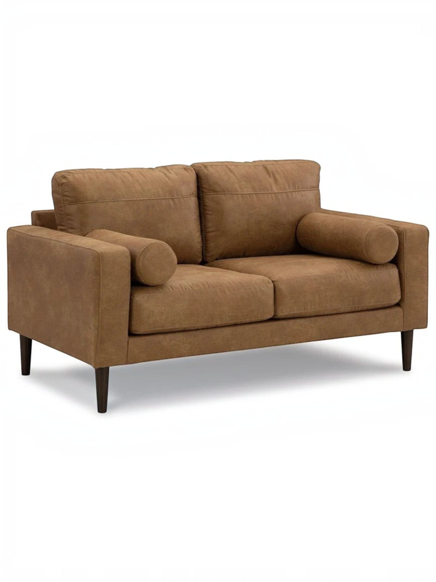 Causeuse Telora TOCO Meubles en similicuir caramel avec coussins cylindriques et pieds en bois foncé