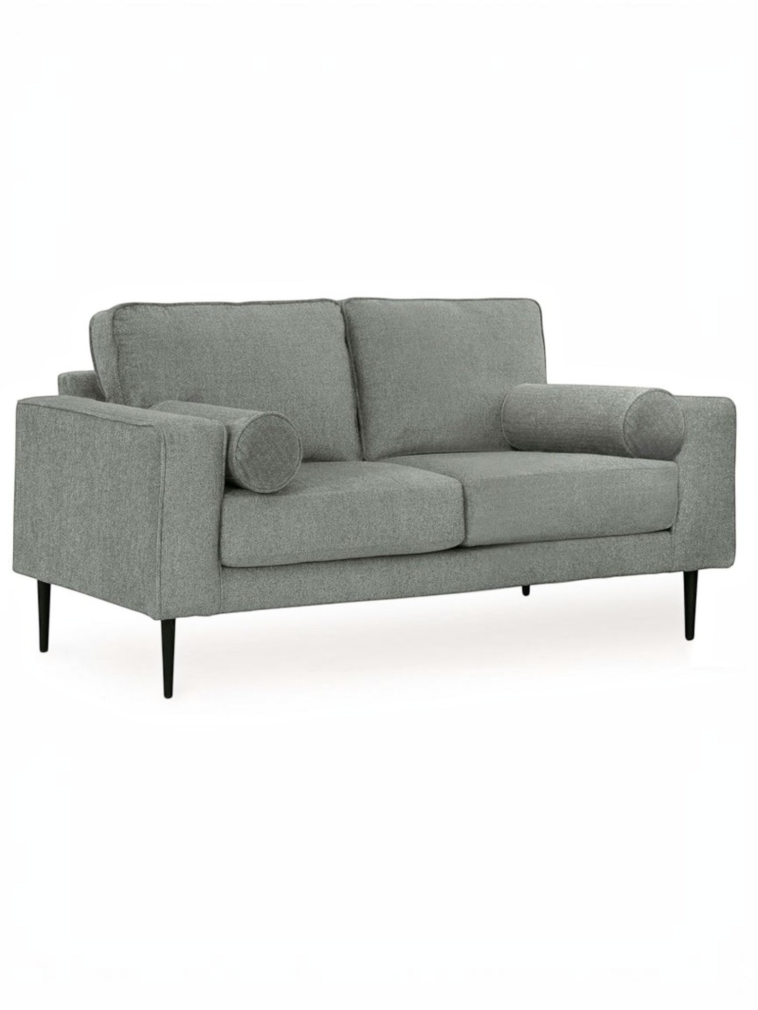 Causeuse Zela de TOCO Meubles en tissu gris anthracite avec coussins cylindriques et pieds noirs modernes