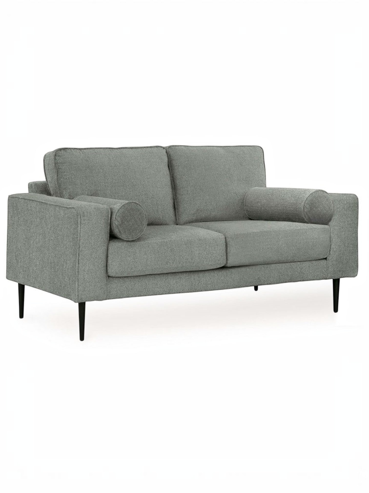 Causeuse Zela de TOCO Meubles en tissu gris anthracite avec coussins cylindriques et pieds noirs modernes