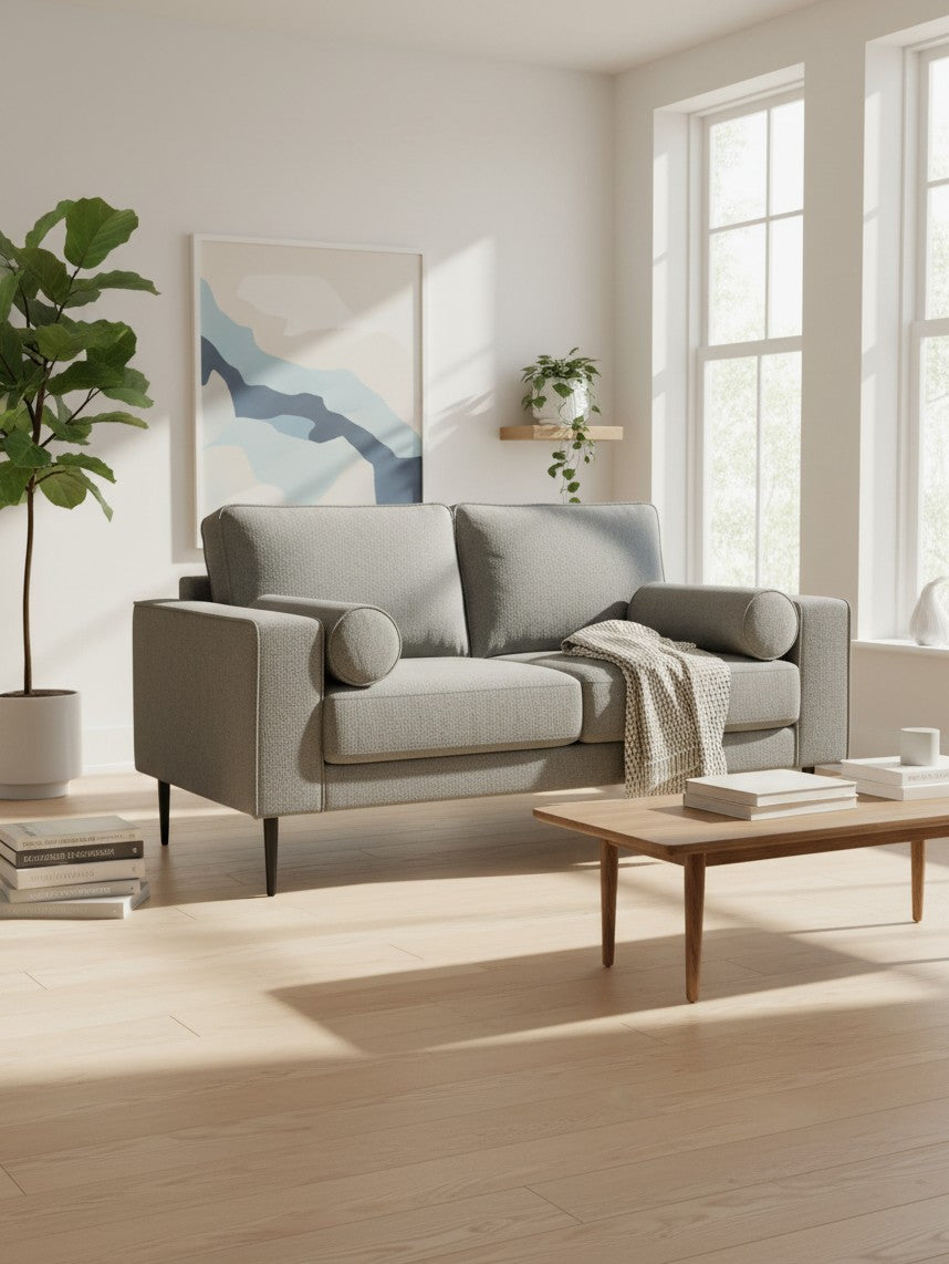 Causeuse Zela TOCO Meubles en tissu gris anthracite avec coussins cylindriques dans un salon moderne et lumineux