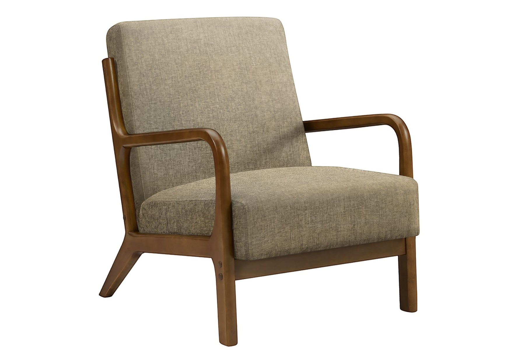 TOCO Meubles Chaise d'appoint Ulysse en tissu beige avec structure en bois brun et accoudoirs courbés.
