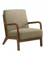 TOCO Meubles Chaise d'appoint Ulysse en tissu beige avec structure en bois brun et accoudoirs courbés.