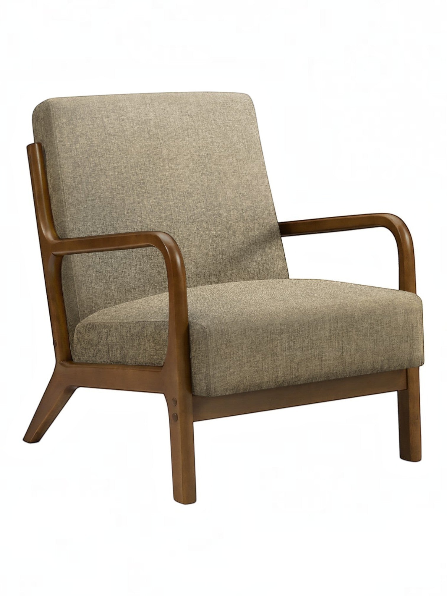 TOCO Meubles Chaise d'appoint Ulysse en tissu beige avec structure en bois brun et accoudoirs courbés.