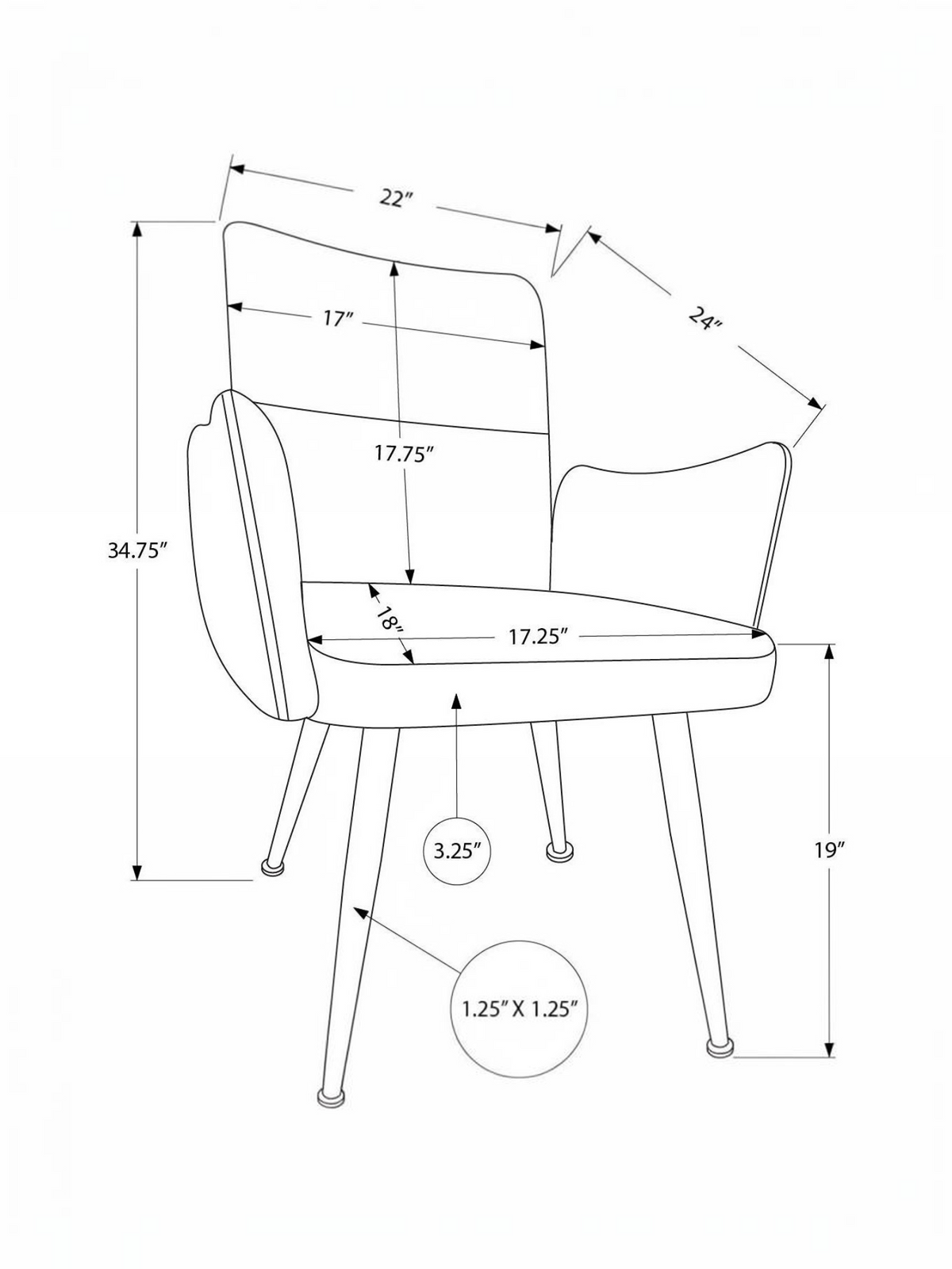 Schéma technique des dimensions de la chaise Bali TOCO Meubles avec assise rembourrée et pieds en métal
