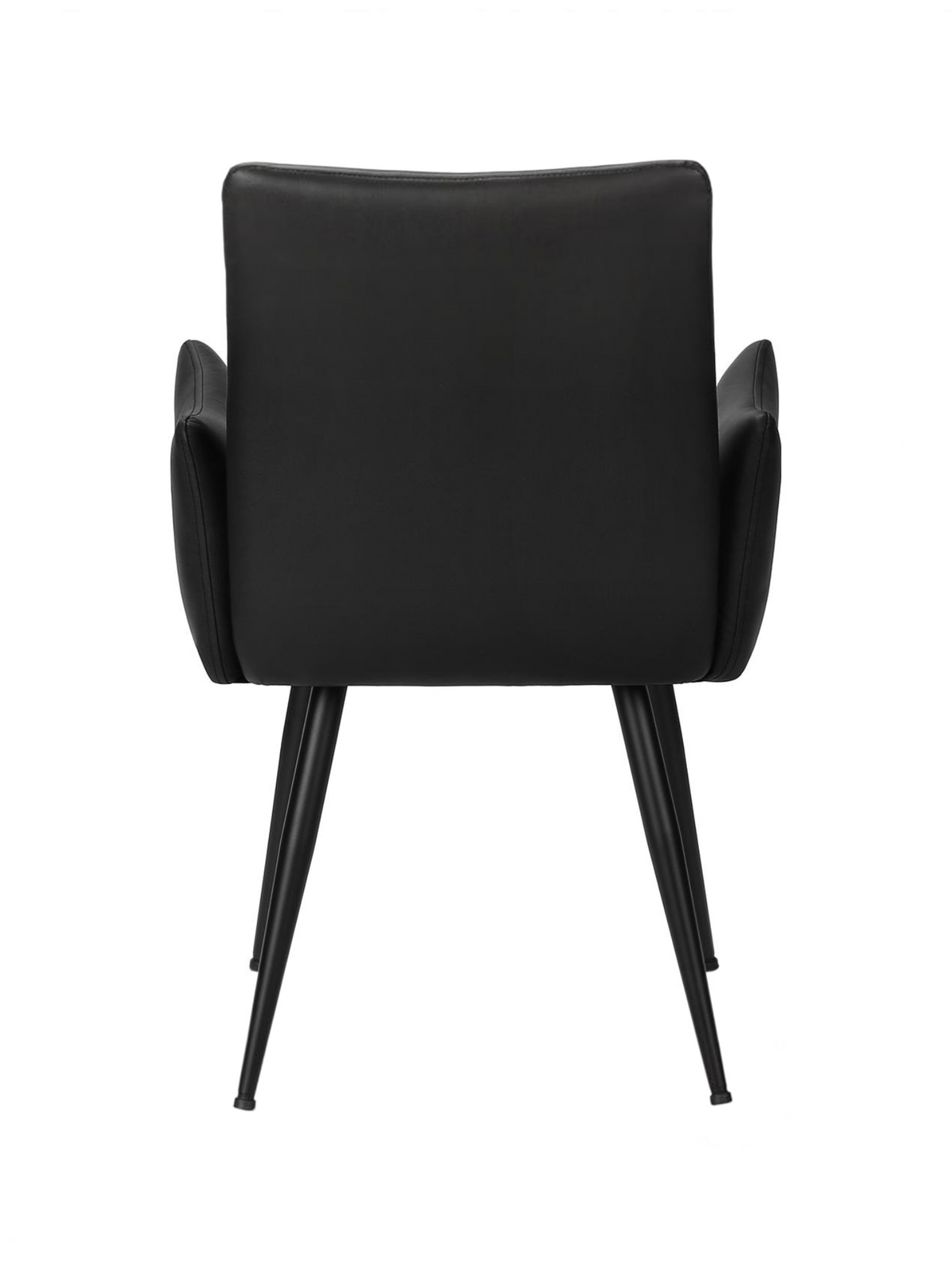 Chaise Bali TOCO Meubles noire en similicuir avec accoudoirs et pieds en métal noir, vue de dos sur fond blanc