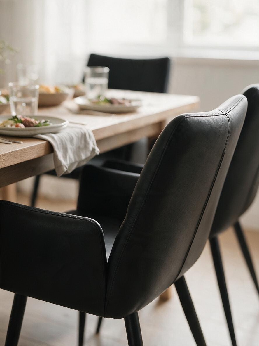 Chaise Bali TOCO Meubles en similicuir noir avec pieds en métal noir dans une salle à manger contemporaine