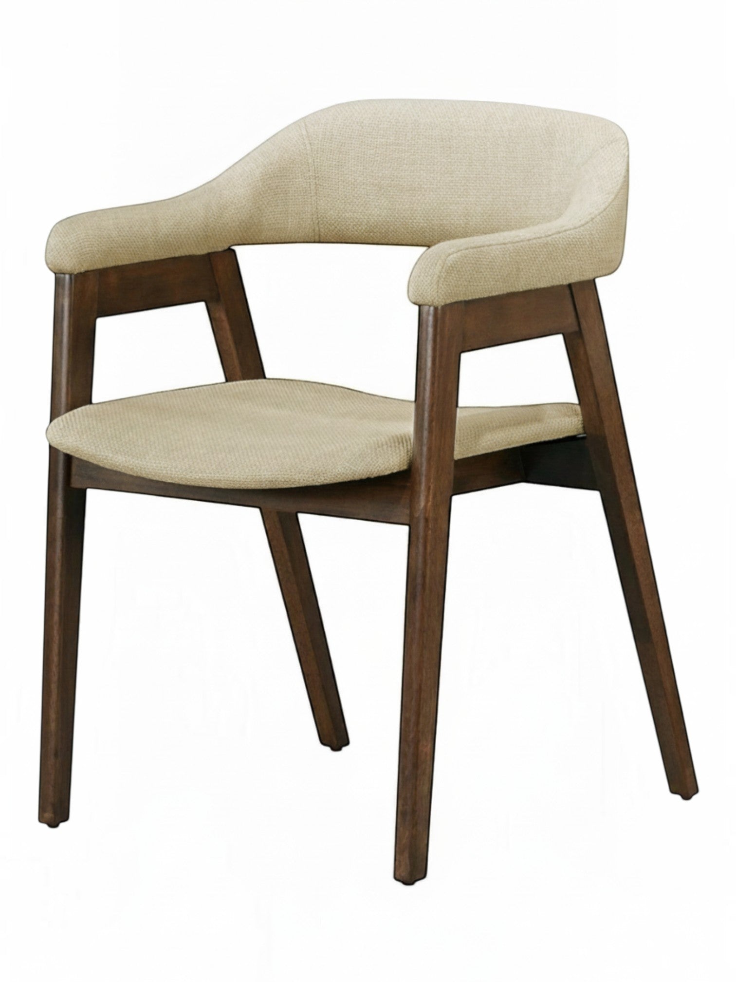 Chaise de salle à manger Capri TOCO Meubles en bois massif foncé et tissu beige au design milieu du siècle