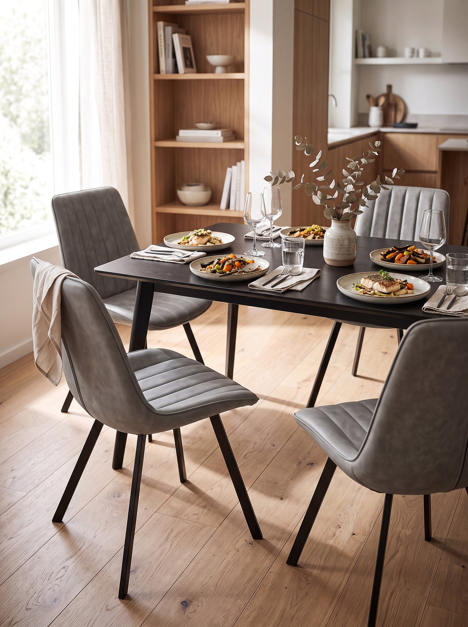 Chaise de cuisine Cynthia TOCO Meubles grise avec assise rembourrée et pieds noirs dans une salle à manger moderne