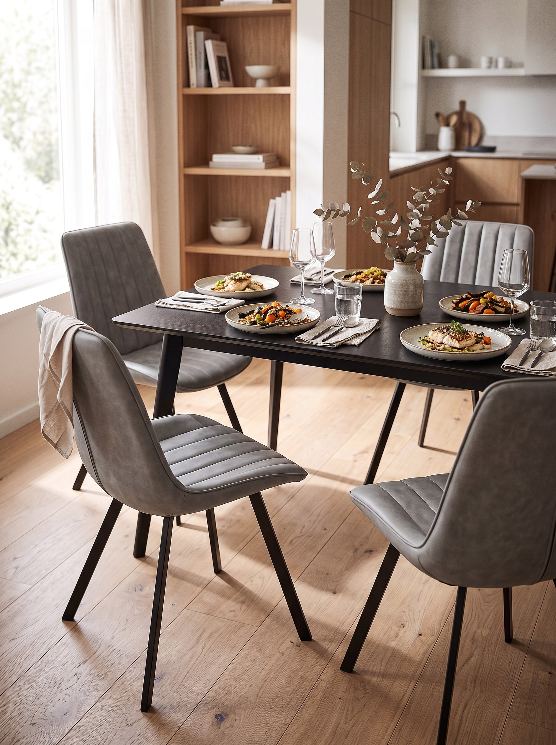 Chaise de cuisine Cynthia TOCO Meubles grise avec assise rembourrée et pieds noirs dans une salle à manger moderne
