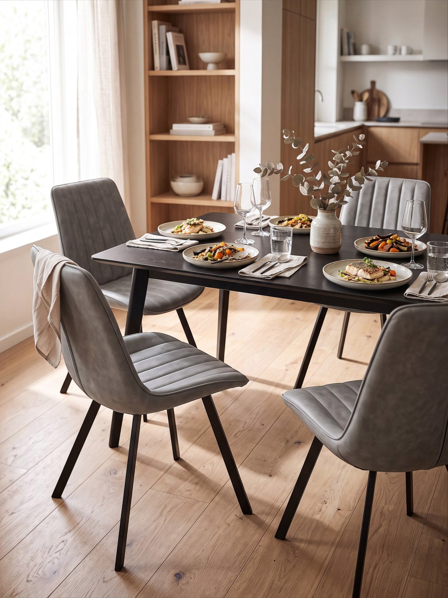Chaise de cuisine Cynthia TOCO Meubles grise en similicuir avec pieds en métal noir dans une salle à manger moderne
