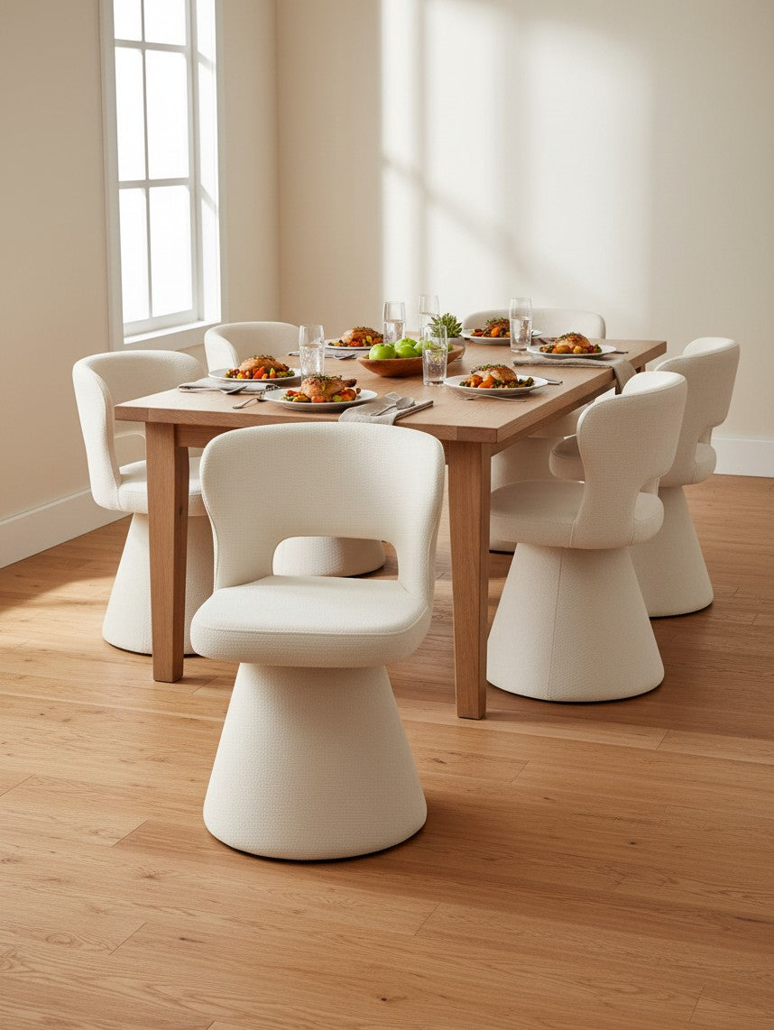 Chaise de cuisine Sofia TOCO Meubles en tissu bouclé blanc avec dossier ajouré et pied central conique