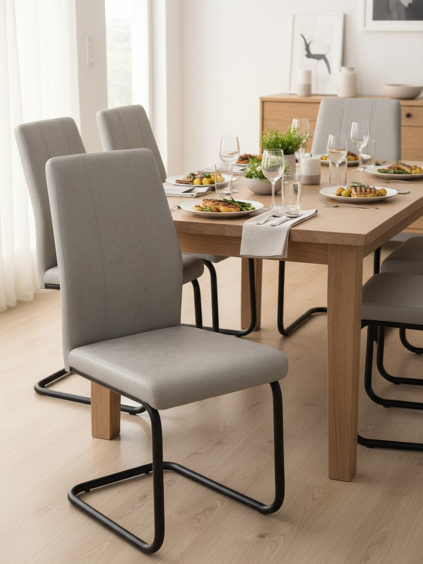 Ensemble de deux chaises de cuisine TOCO Meubles Zeno en simili suède gris avec base en métal noir en forme de U