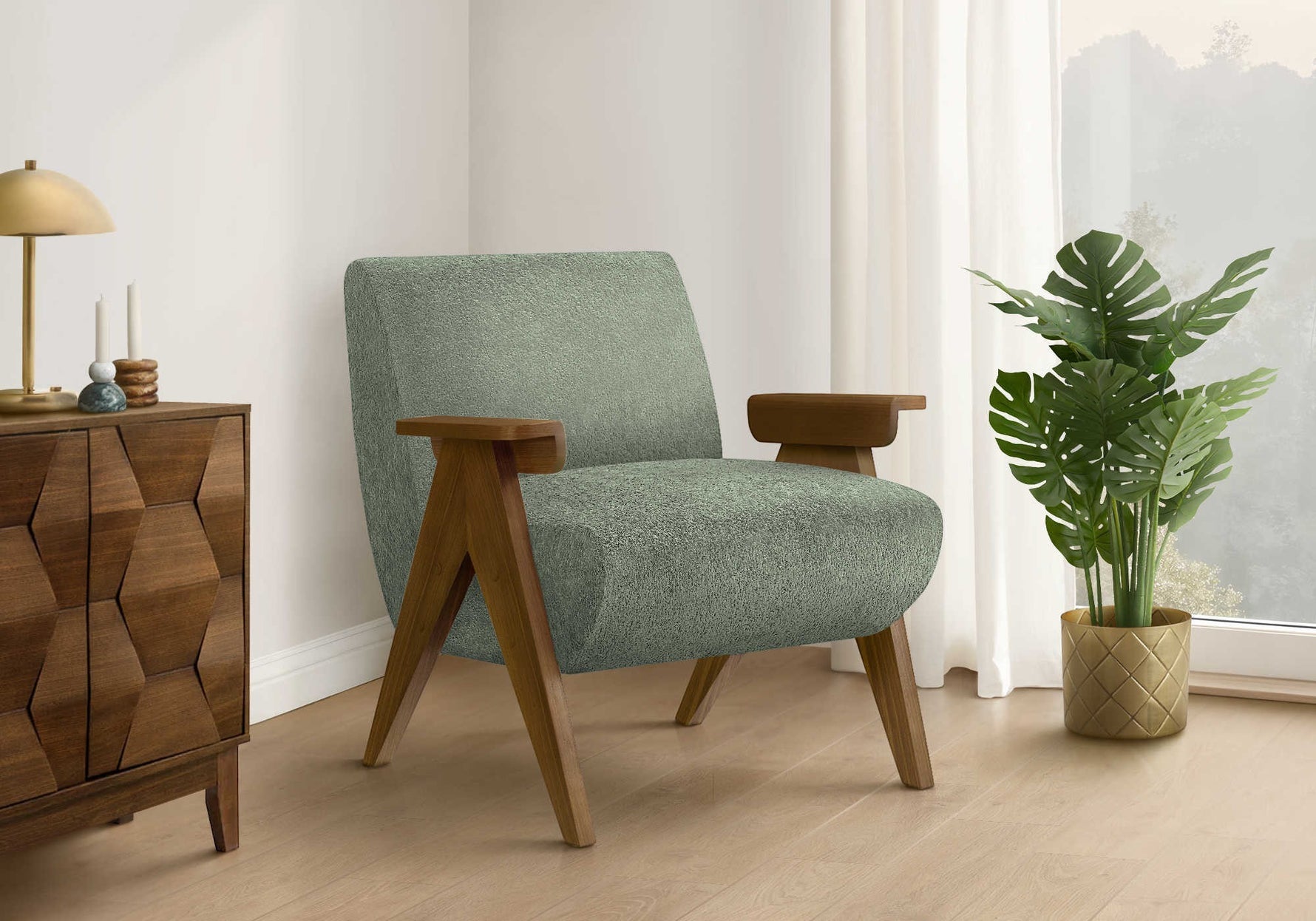 TOCO Meubles Chaise d'appoint Carl vert sauge en tissu texturé avec accoudoirs et pieds en bois, design moderne.
