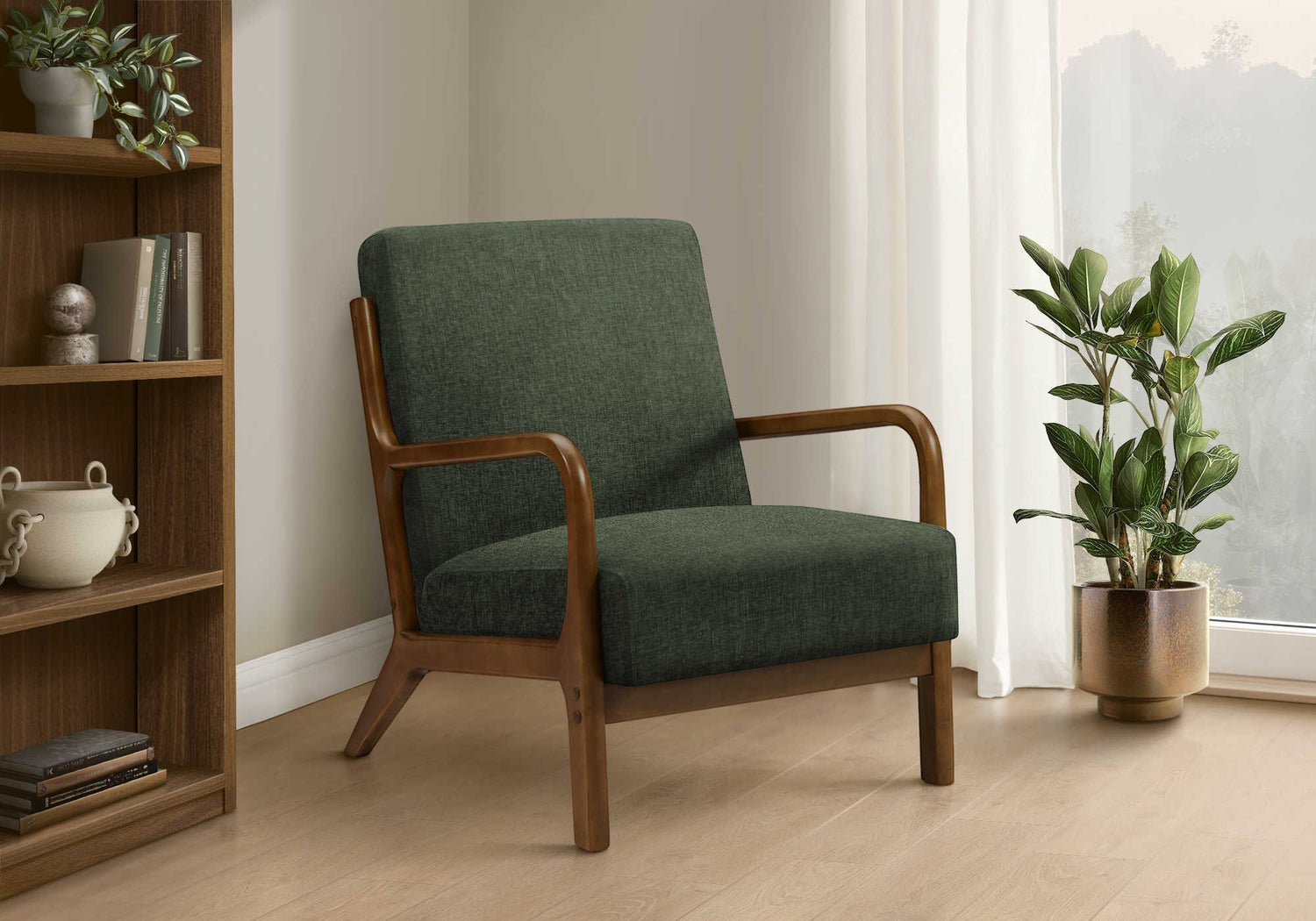 TOCO Meubles Chaise d'appoint Ulysse vert foncé, tissu texturé, structure en bois, design moderne.