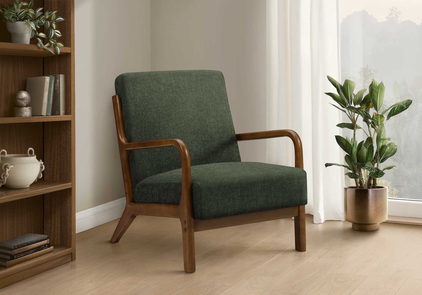 TOCO Meubles Chaise d'appoint Ulysse vert foncé, tissu texturé, structure en bois, design moderne.