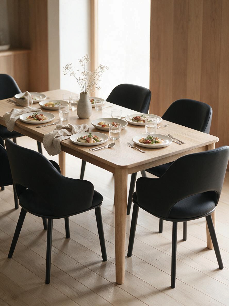 Ensemble de salle à manger TOCO Meubles avec chaises Denzo noires en similicuir autour d'une table en bois clair