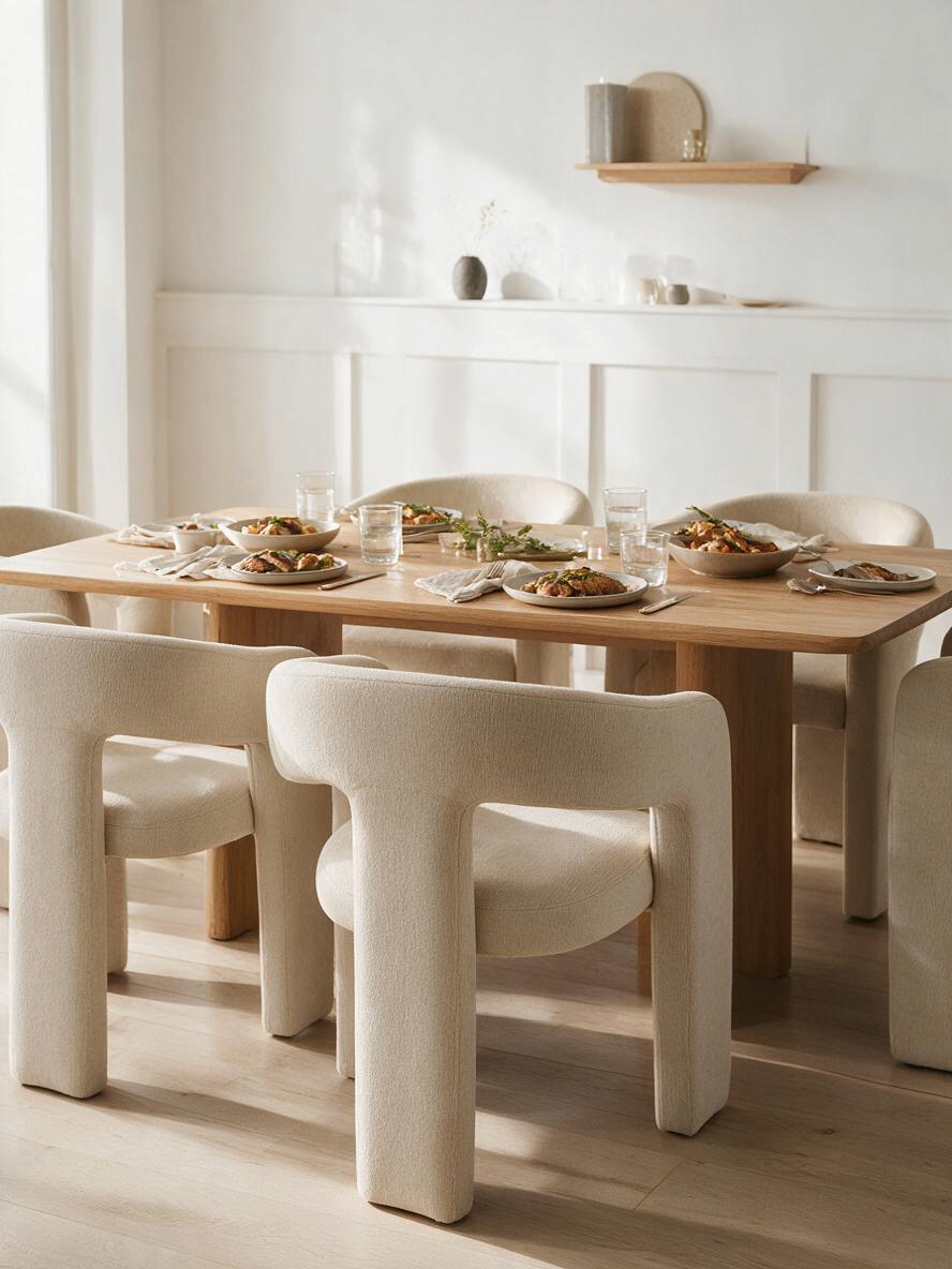 Chaise de salle à manger Emara par TOCO Meubles en chenille beige avec design moderne à trois pieds autour d'une table