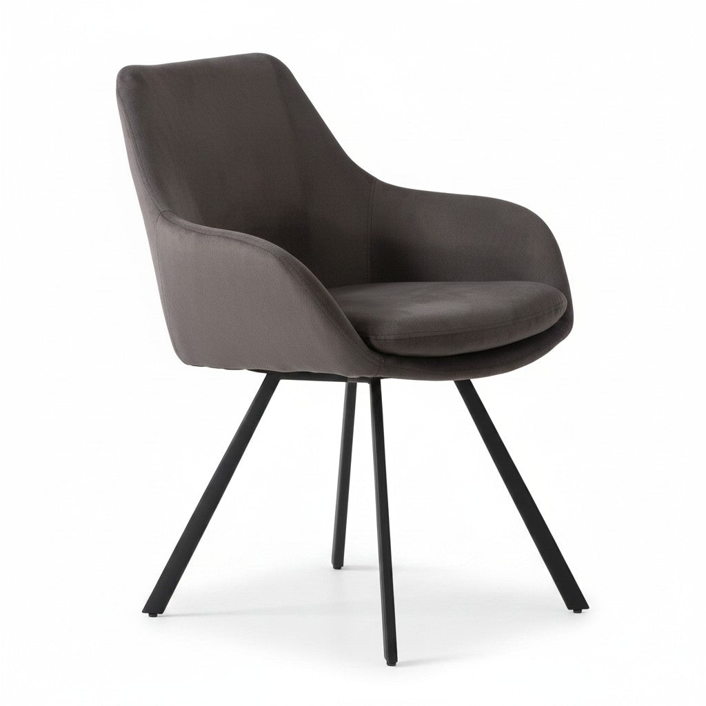 Chaise de salle à manger Gianna TOCO Meubles en tissu gris, assise et dossier rembourrés, pieds métalliques noirs inclinés.