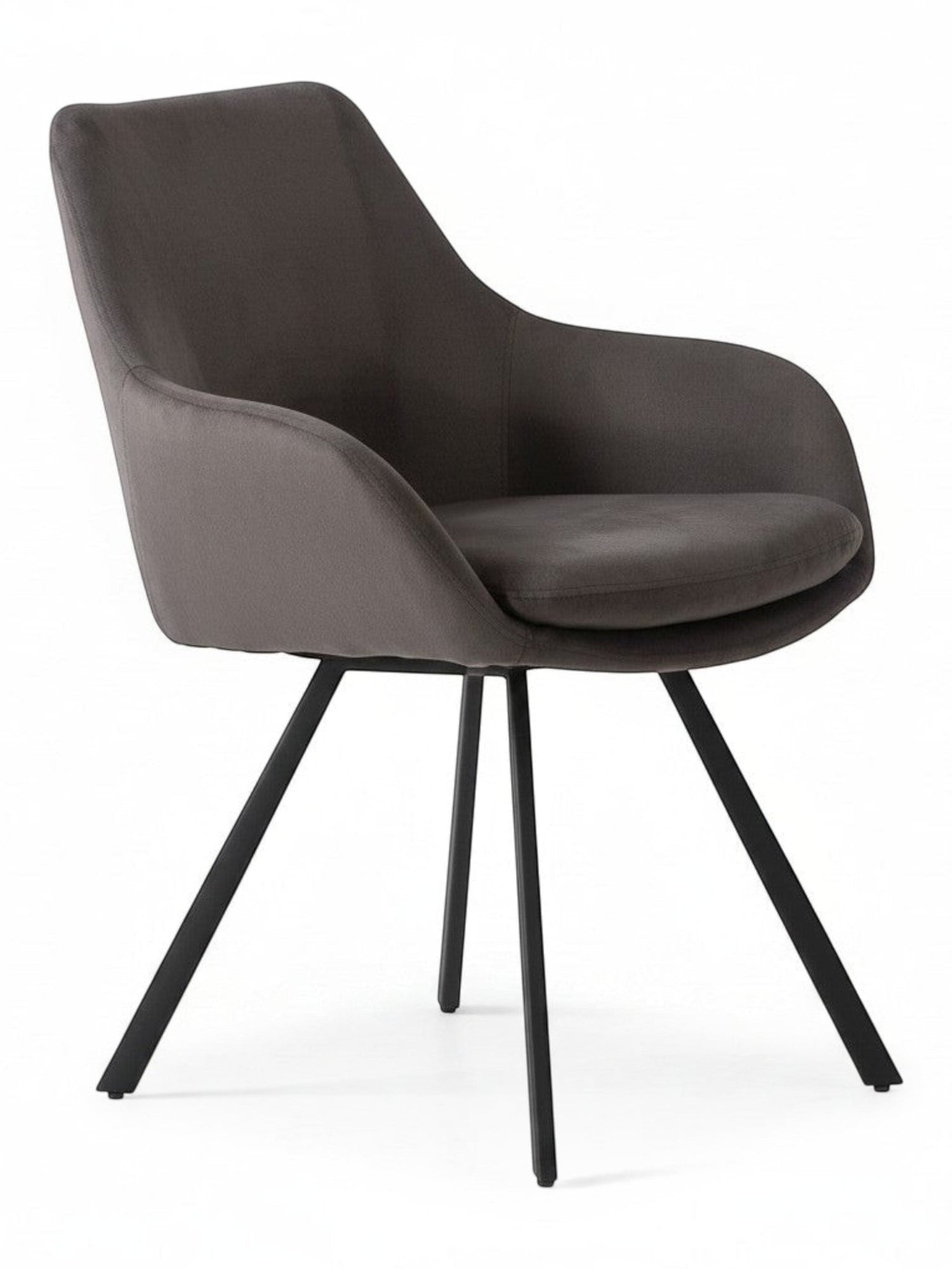 Chaise de salle à manger Gianna TOCO Meubles en tissu gris, assise et dossier rembourrés, pieds métalliques noirs inclinés.
