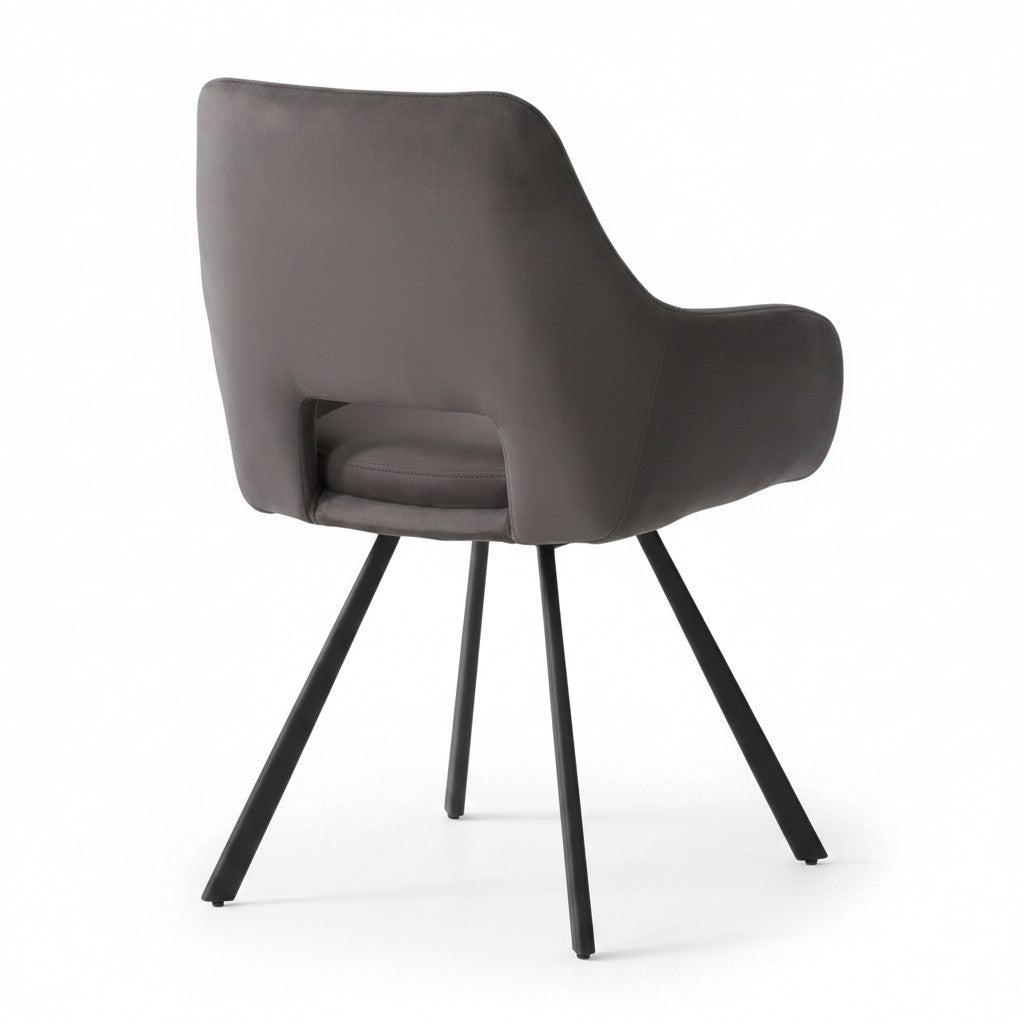 TOCO Meubles Chaise Gianna grise rembourrée en tissu avec pieds métalliques noirs inclinés, design moderne pour salle à manger.