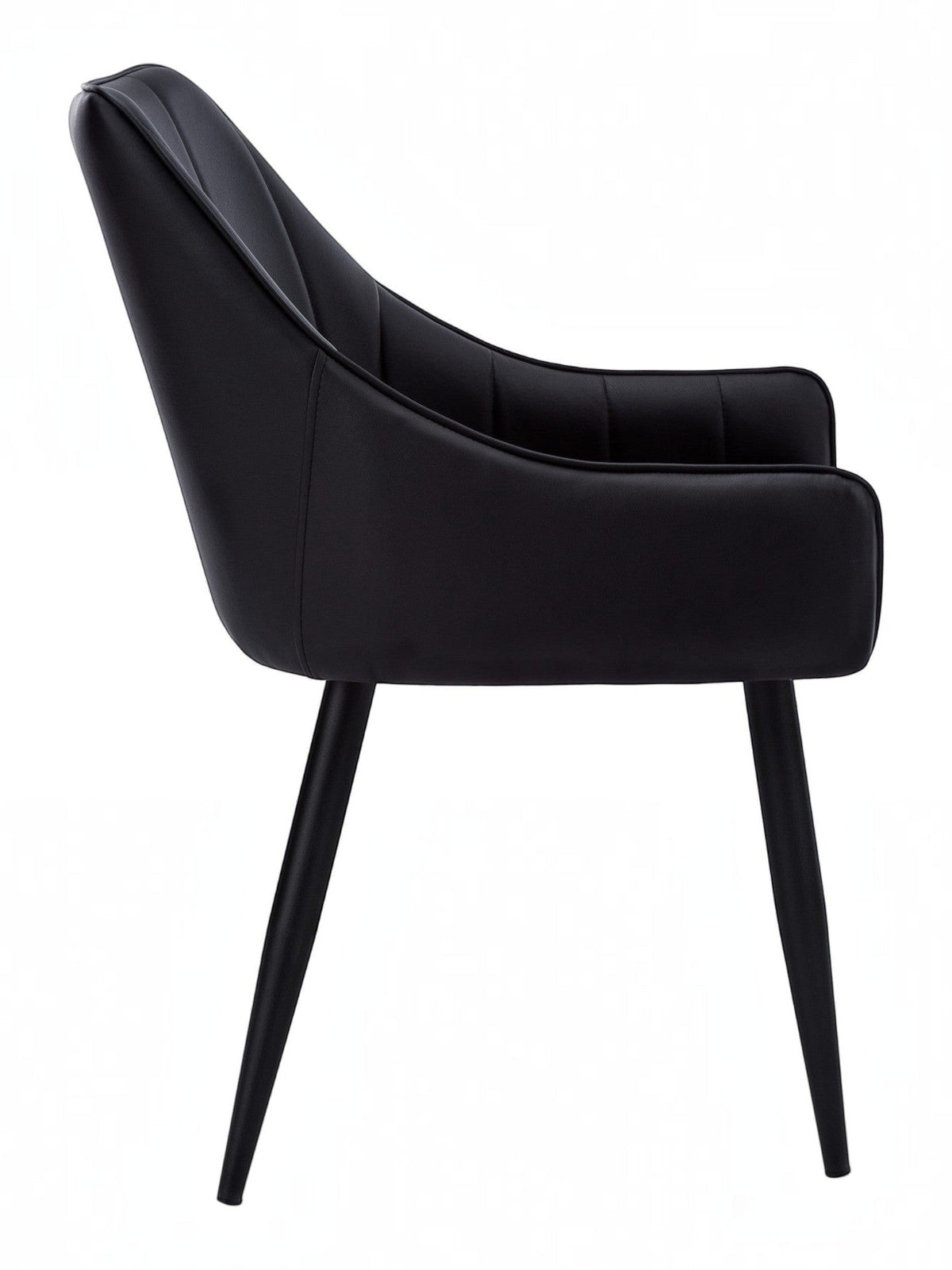 TOCO Meubles Chaise Hendrix noire en similicuir capitonné, pieds métal noir, design moderne.