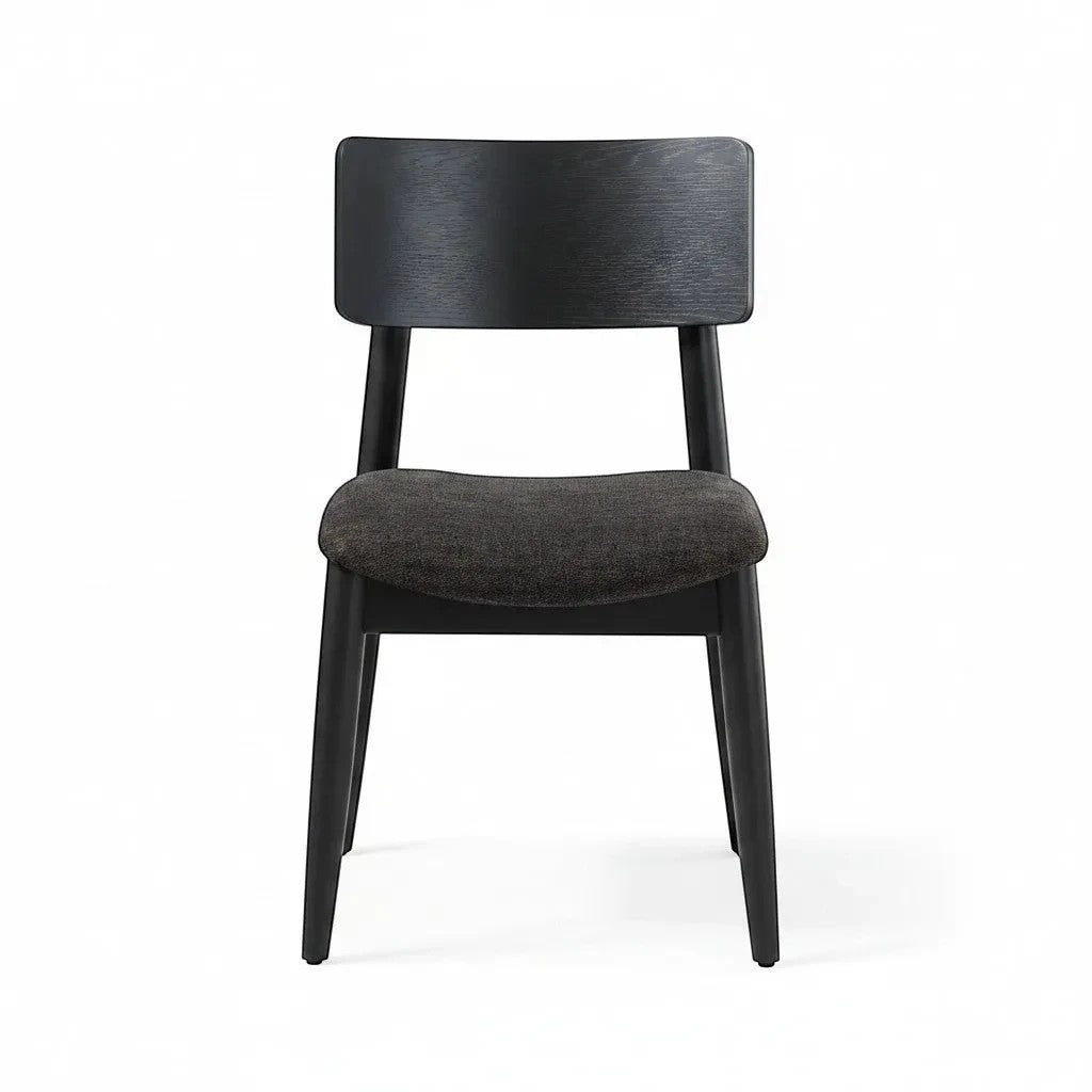 Chaise Transformer Table TOCO Meubles en hickory fumé, assise rembourrée en tissu gris foncé, dossier incurvé en bois noir.