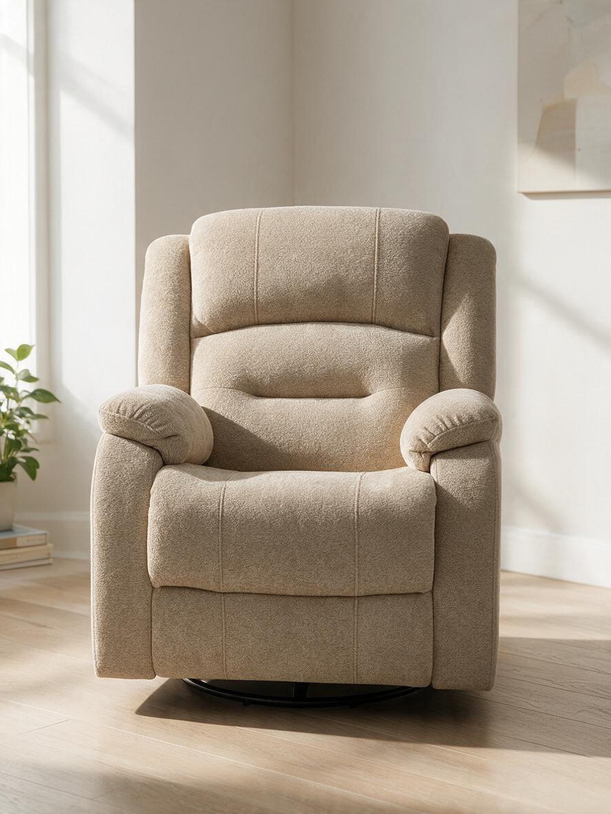 Chaise inclinable beige TOCO Meubles avec dossier segmenté, accoudoirs rembourrés et base pivotante dans un salon